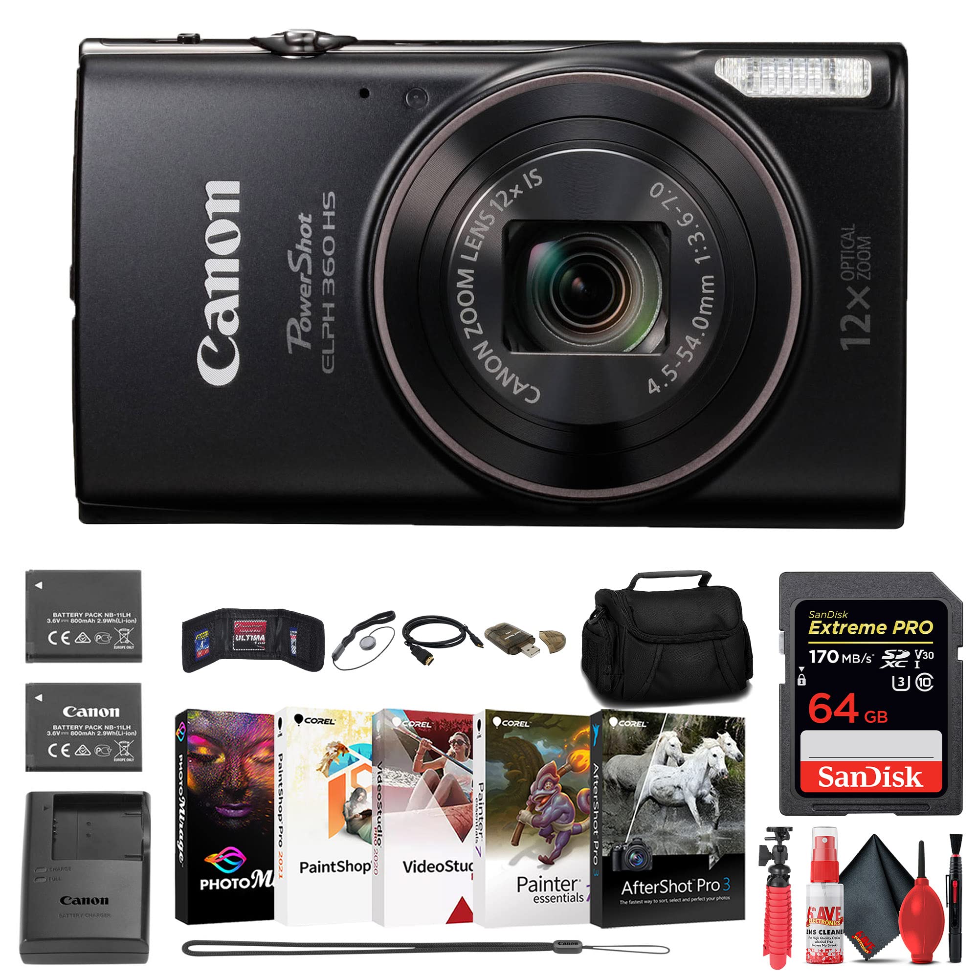 Canon PowerShot ELPH 360 HS 20.2MP Digital Camera with 12x Optical Zoom (Black) + 64GB SD Card, Spare Battery, Case & Accessories Kit - Perfect for Travel Photography, Vlogging & Family Moments