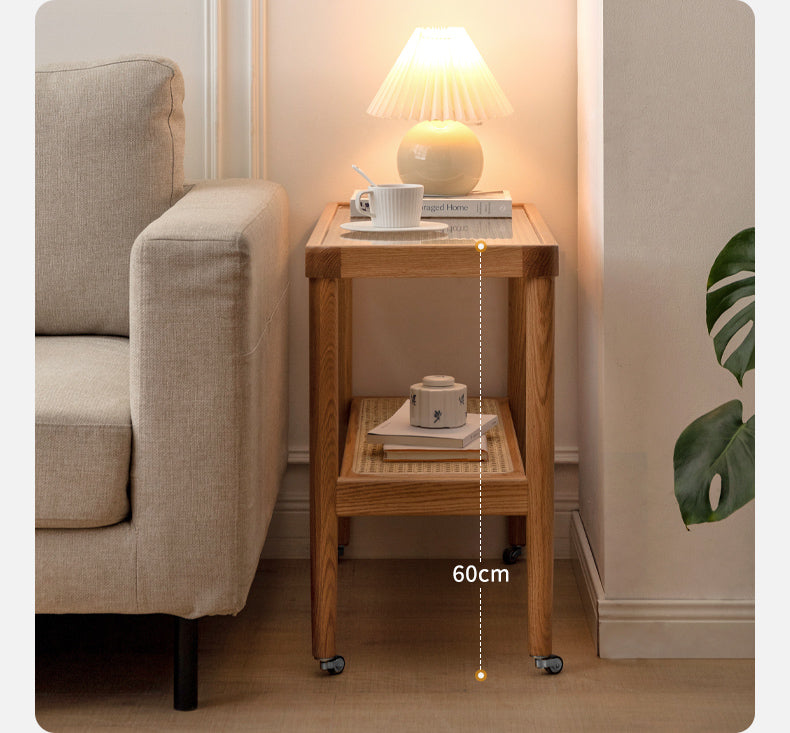 Solid Oak Wood Japanese Style Glass Rattan Rocking Side Table - Portable End Table for Living Room, Bedroom, or Outdoor Patio Decor