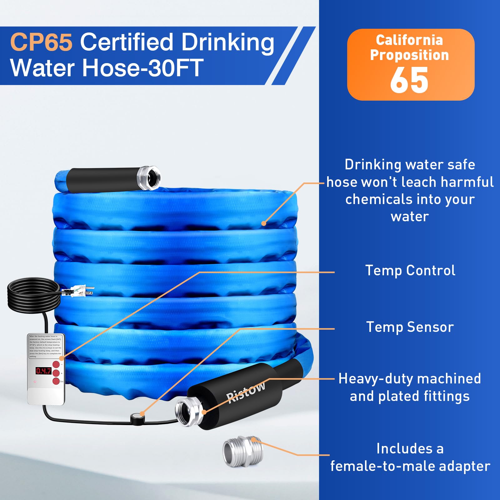 30FT RV Heated Drinking Water Hose with Temperature Control - Freeze Protection Down to -40°F/-40°C, Electric Heated Water Hose for RV, Camping, Boat & Winter Outdoor Use - Perfect for Cold Weather Camping, Boating & RV Travel