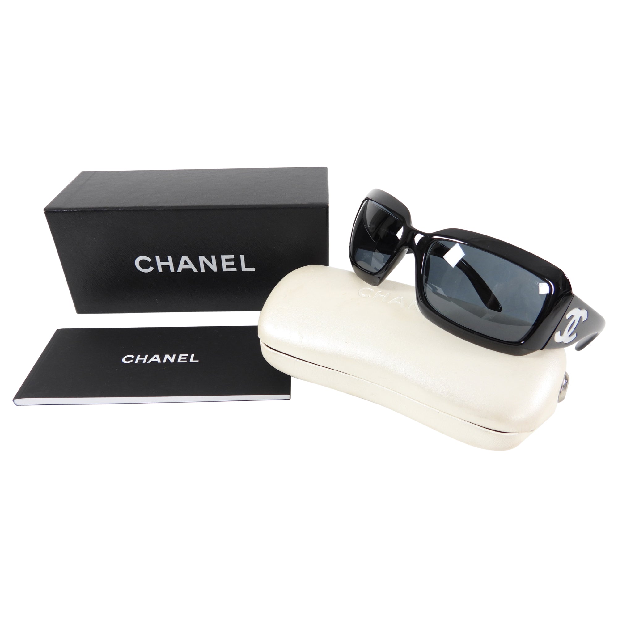 Chanel Black Mother of Pearl Logo Rectangular Sunglasses for Women - Luxury Designer Shades for Beach, Driving & Fashion Outfits