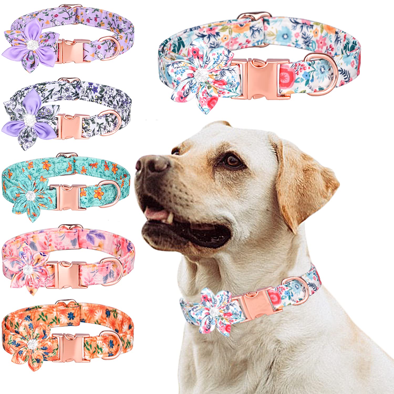 Floral Pattern Puppy Collar with Rhinestones - Adjustable Cute Dog Collar for Small Medium Large Dogs - Perfect for Daily Walks, Pet Photos & Special Occasions