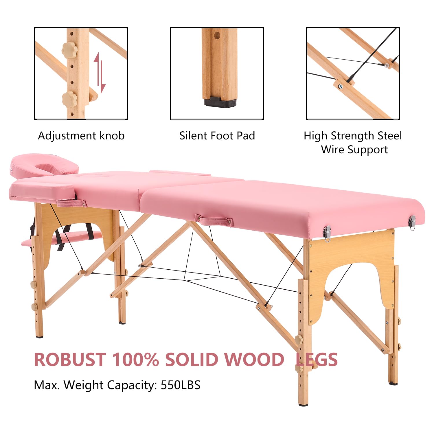 YOUNIKE Portable 2-Fold Adjustable Massage Table - Professional Spa Bed, Lash Extension Bed & Tattoo Bed with Face Cradle & Wooden Frame (Includes Non-Woven Carrying Bag, Pink) - Perfect for Salon, Spa, Home Use & Mobile Beauty Services