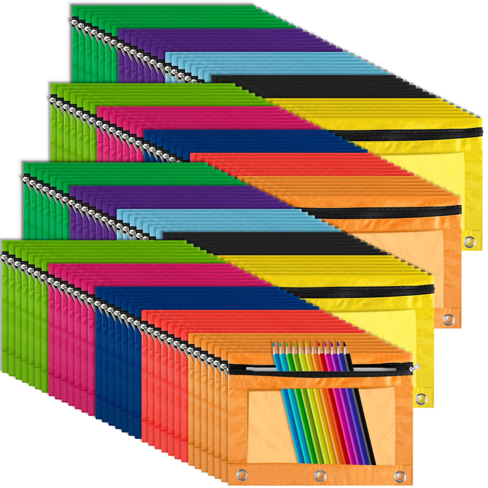 Fainne 120 Pack 3-Ring Binder Pencil Pouches - Oxford Cloth Pencil Case with Clear Window & Zipper Pulls for School, Office, Kids & Adults - Mixed Colors (Perfect for Organizing Pens, Markers & School Supplies)
