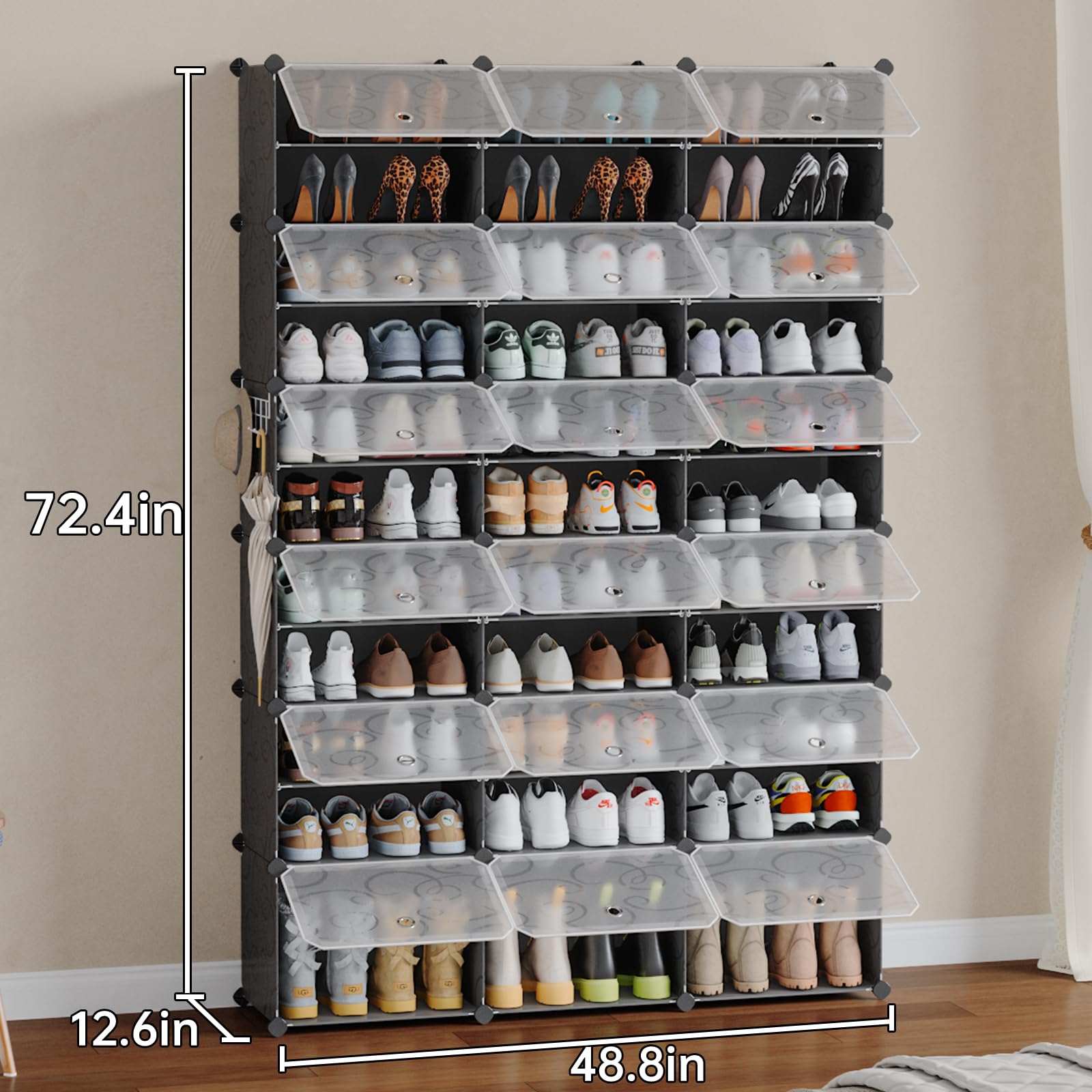 MAGINELS 72-Pairs Shoe Storage Cabinet with Doors - Large DIY Plastic Detachable Shoe Rack Organizer for Entryway, Bedroom, Closet (Black) | Space-Saving Shoe Storage Solution for Home Organization