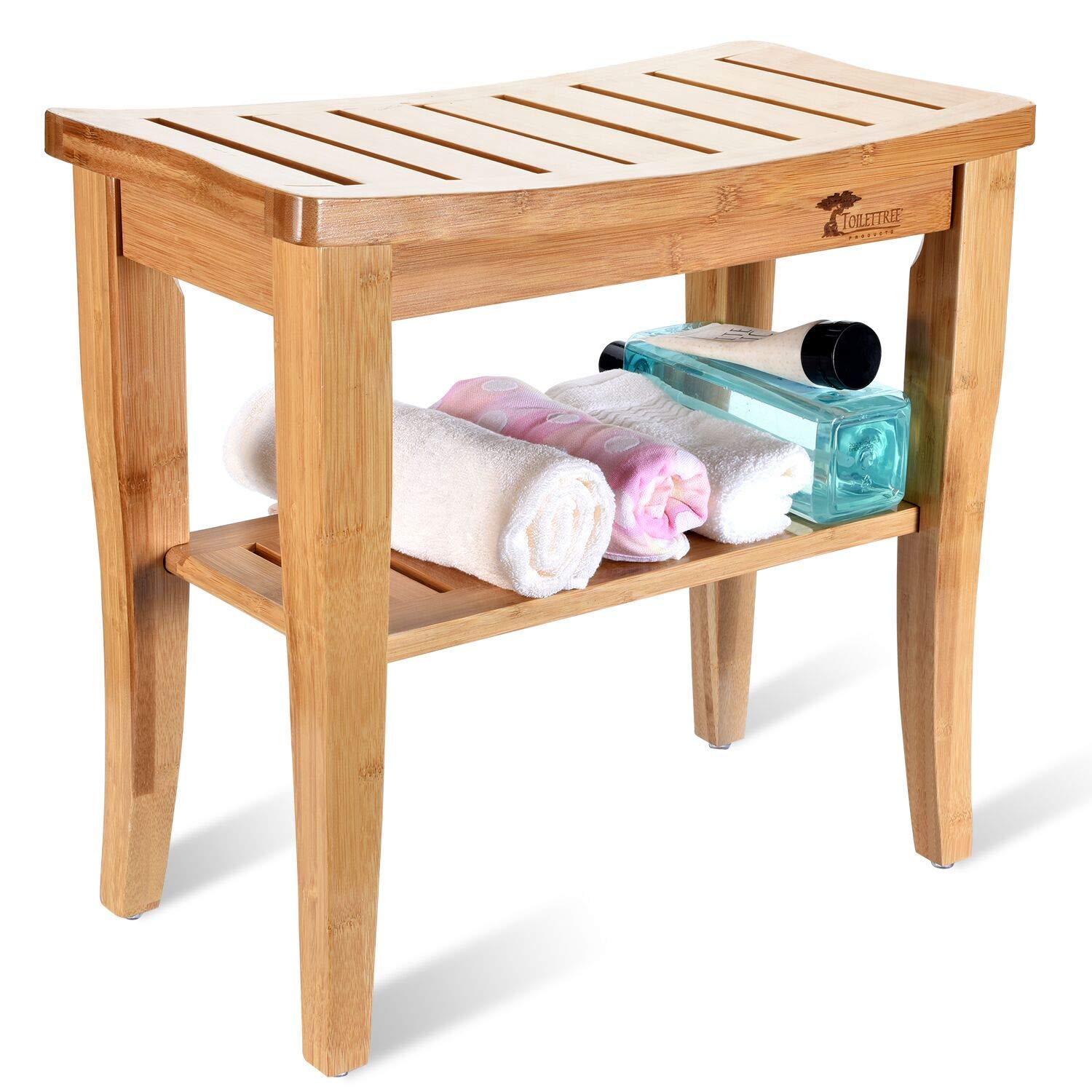 Deluxe Bamboo Shower Seat with Foot Stool & 5-Tier Freestanding Bathroom Organizing Shelf Set - Waterproof & Space-Saving for Seniors, Spa, and Small Bathrooms
