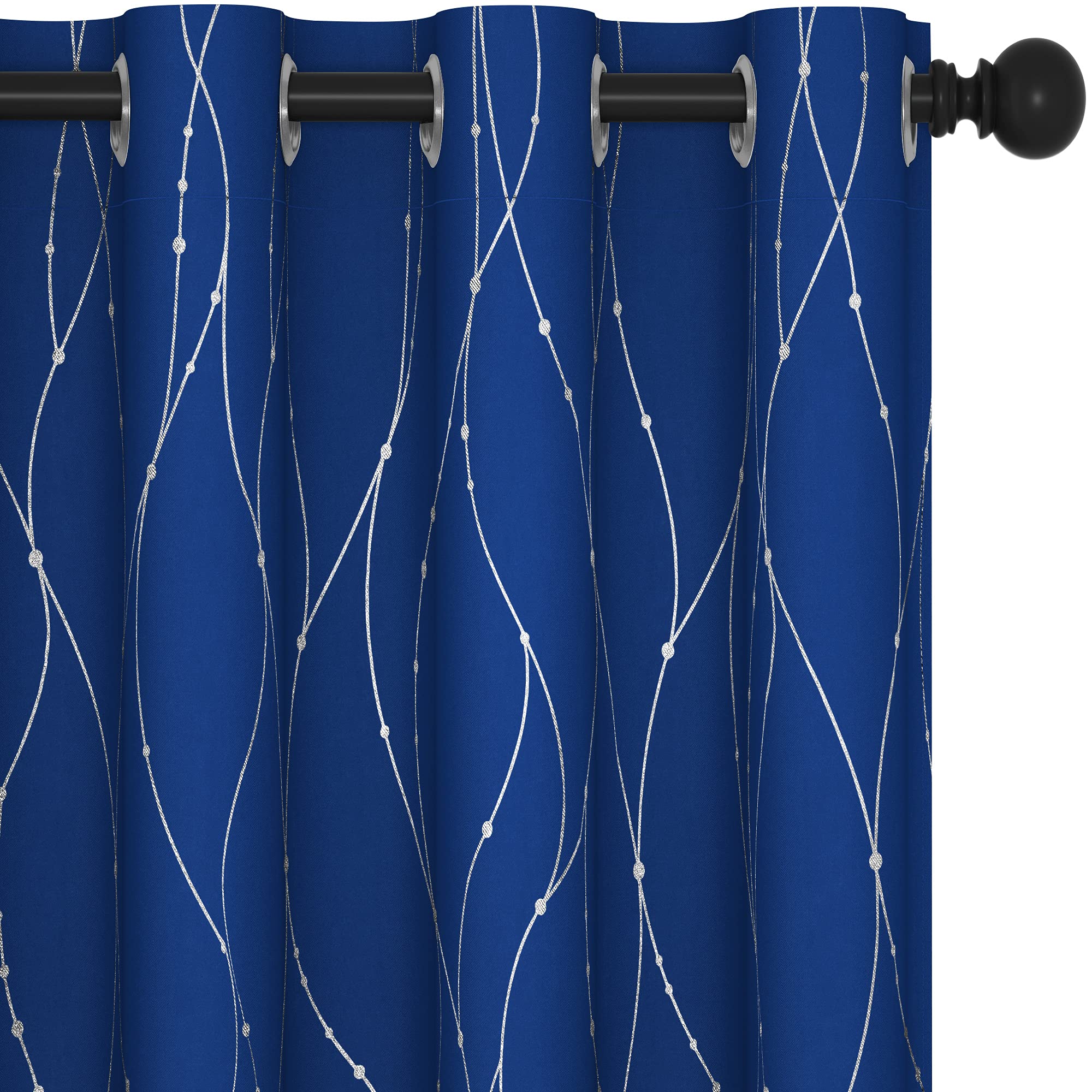 Deconovo 108 Inch Blackout Curtains for Large Windows - Thermal Insulated Noise Reducing Drapes with Wave Line & Dots Pattern - 52x108 Inch Royal Blue Set of 2 Panels - Perfect for Bedrooms, Living Rooms & Home Theater Light Blocking