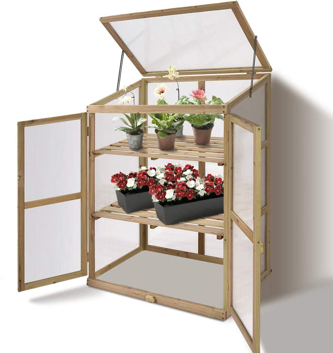 ReunionG Portable Greenhouse with Wooden Cold Frame - Double Shelves Raised Bed Planter Box for Plants & Flowers - Openable Top Design (30