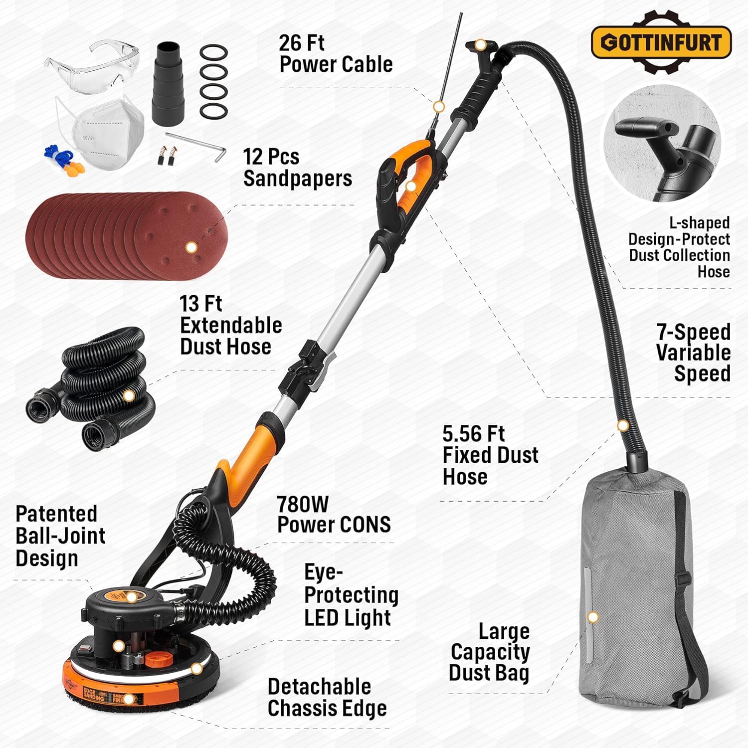780W Electric Drywall Sander with Vacuum - 7 Speed Adjustable (900-1800RPM) & Extendable Handle - 95.5% Dust Removal for Popcorn Ceiling & Wall Sanding - Perfect for Home Renovation, DIY Projects & Professional Construction Work