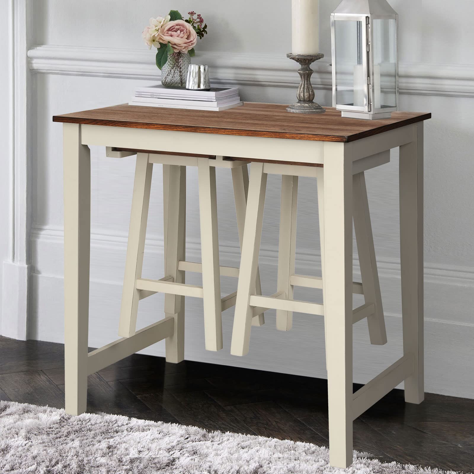 COSTWAY 3-Piece Counter Height Dining Set with 2 Saddle Stools - Industrial Style Wooden Pub Table for Breakfast Bar, Kitchen, Living Room & Restaurant | Perfect for Small Spaces, Apartments & Outdoor Patios