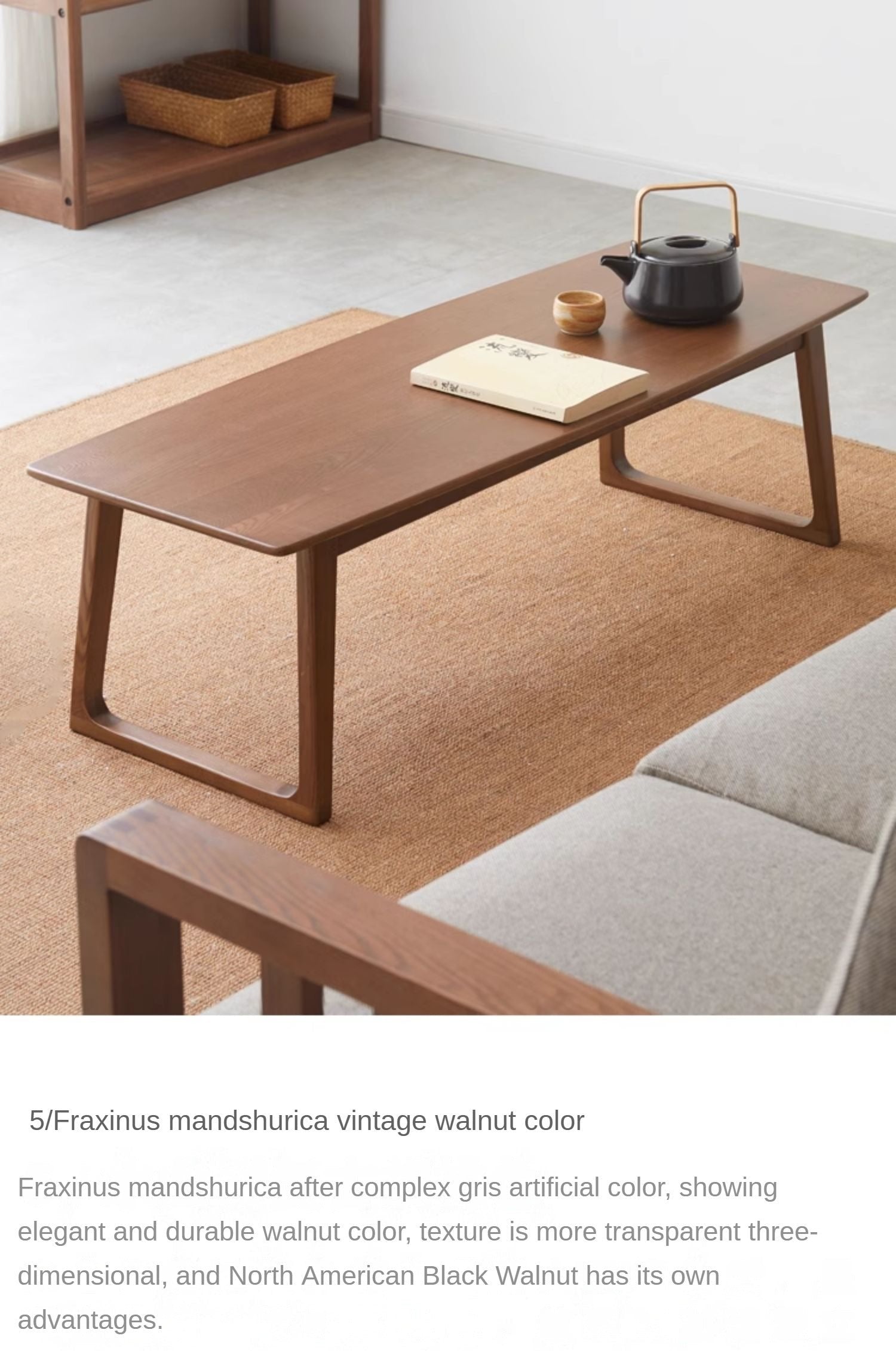 Solid Black Walnut & Ash Wood Low Coffee Table - Modern Minimalist Small Side Table for Living Room, Bedroom, or Office