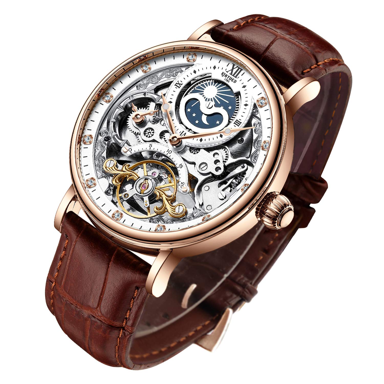 Best Men's Luxury Skeleton Automatic Mechanical Watch - Leather Strap, Moon Phase, Luminous Hands, Self-Winding - Perfect for Business, Formal Events & Gift Giving