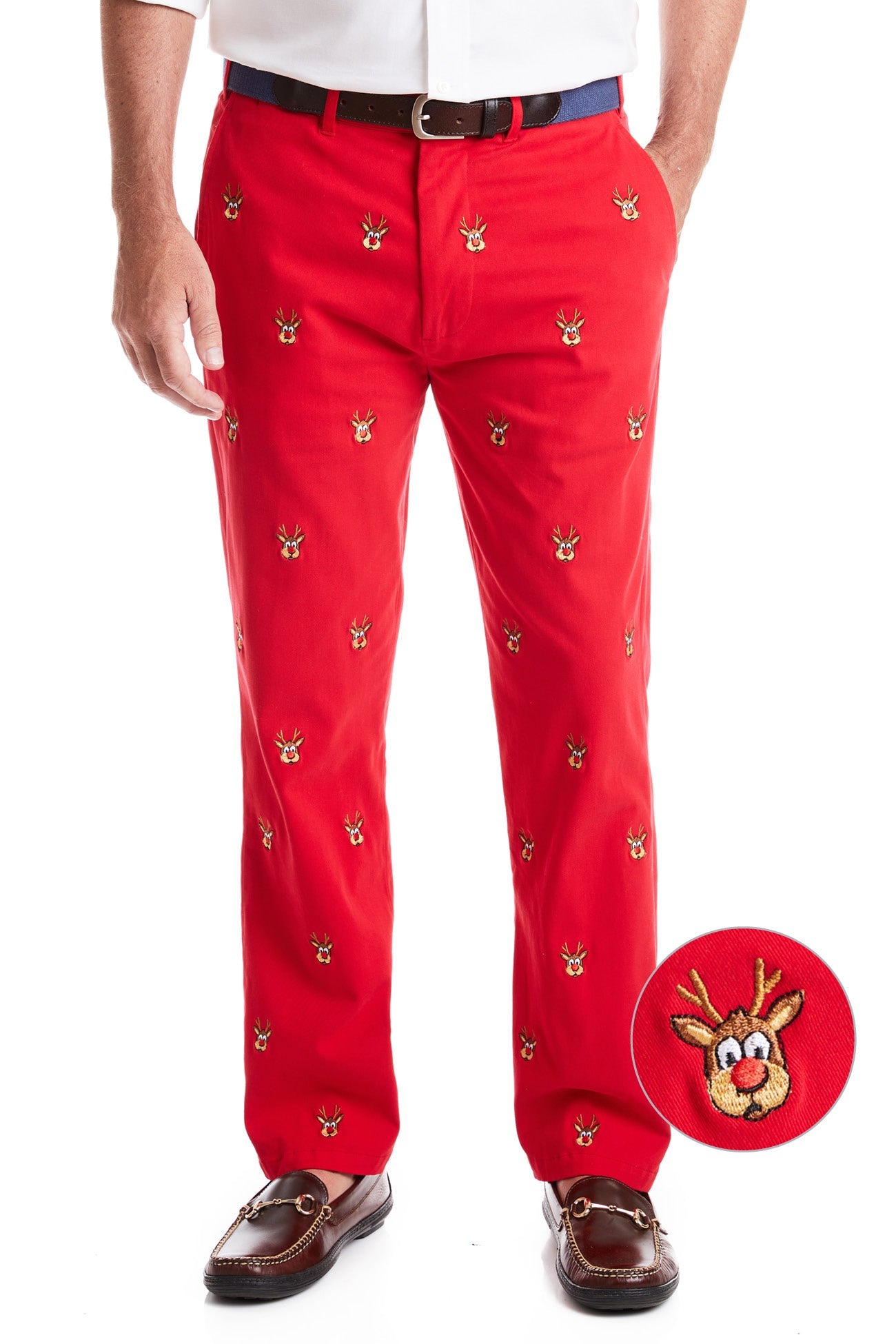 Stretch Twill Harbor Pant in Bright Red with Rudolph Print - Comfortable Casual Pants for Holiday Parties & Festive Outfits