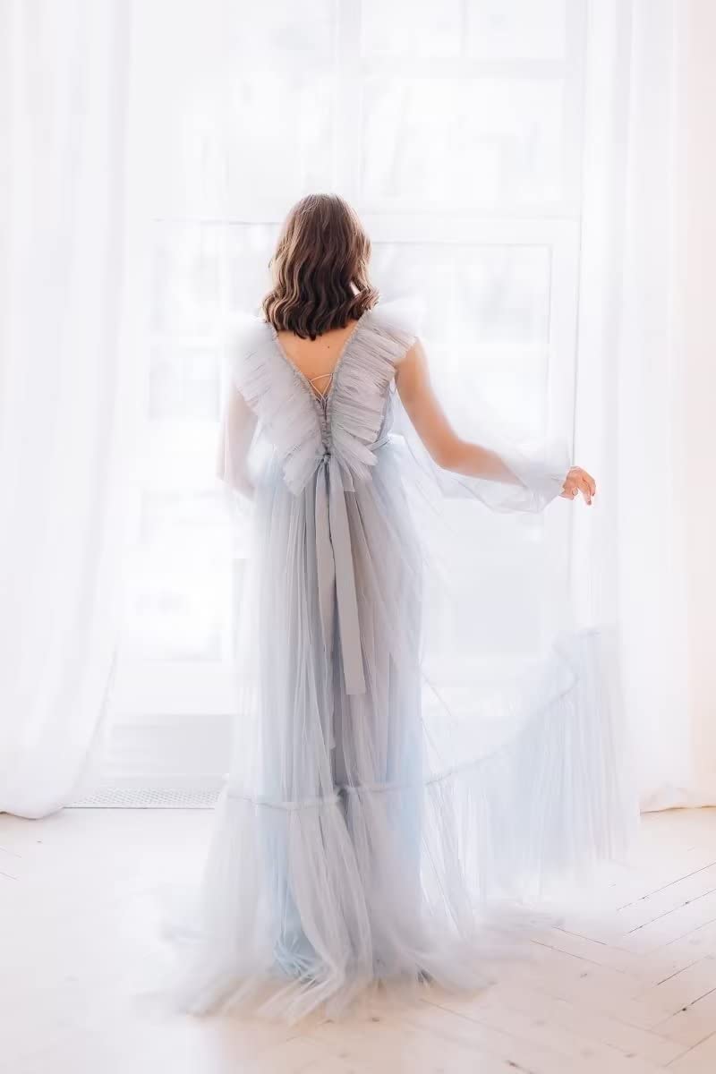 Elegant Tulle Ruffles Maternity Dress for Photoshoot - Puffy Long Sleeve V-Neck Baby Shower & Pregnancy Gown - Perfect for Maternity Photos, Bridal Showers, and Special Occasions
