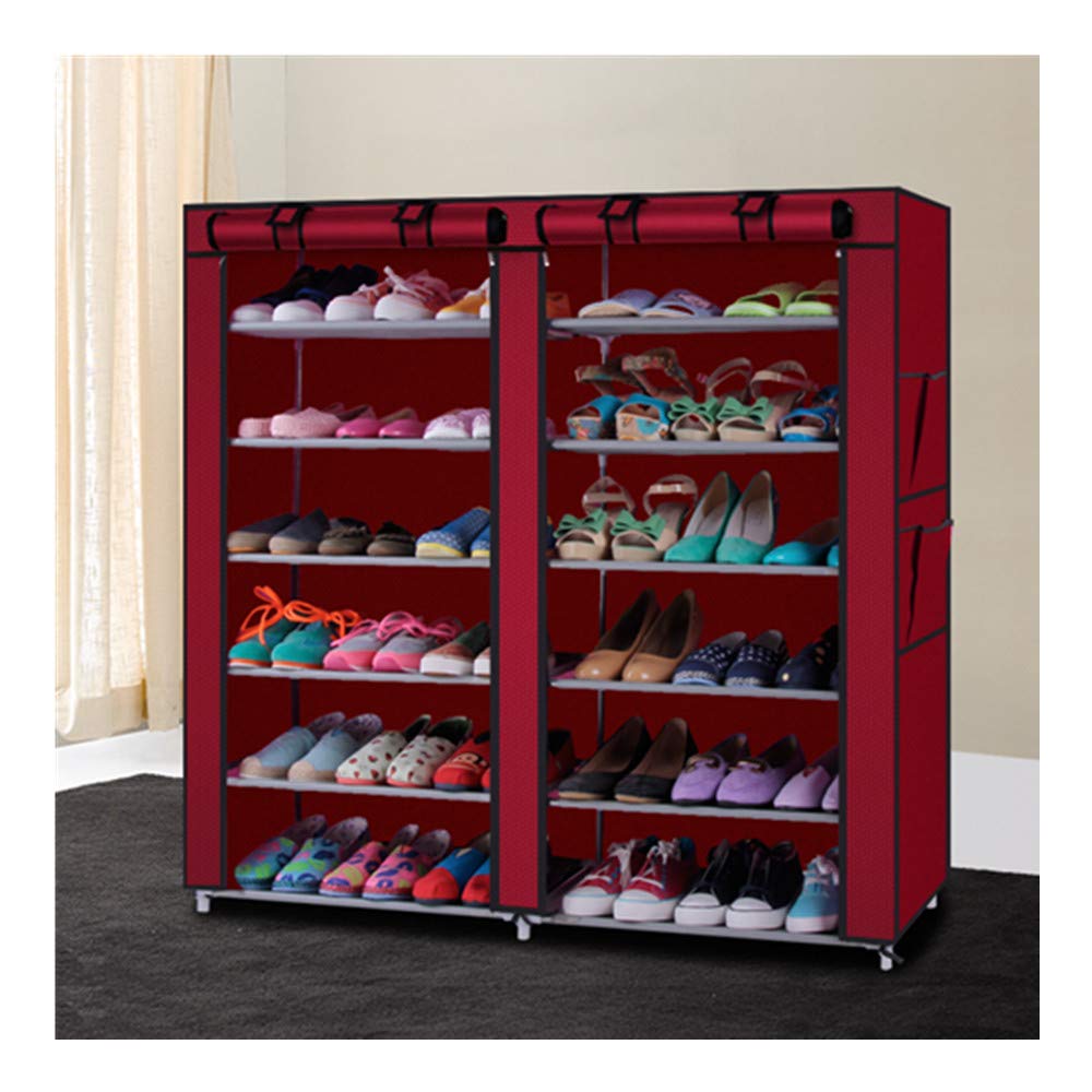 12-Tier Double Row Shoe Rack with Dustproof Non-Woven Fabric Cover - Space Saving Shoe Storage Organizer Cabinet for Entryway, Closet & Bedroom (Wine Red)