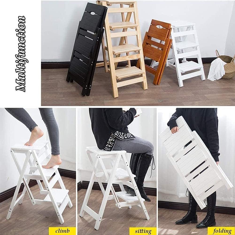 Solid Wood Folding Step Stool Ladder - Multi-Functional Foldable Stepladder for Home, Kitchen, Bathroom & Storage - Sturdy & Compact Brown Wooden Stool (Household, DIY, Decor)