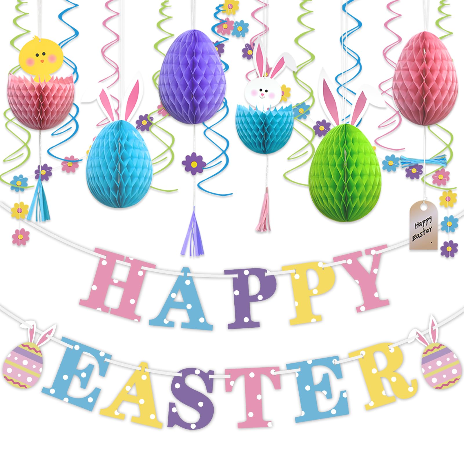 Easter Bunny Egg Hanging Swirl Banner - Honeycomb Party Decorations for Home, Office, School - Spring Festival & Easter Party Supplies - Perfect for Easter Egg Hunts, Classroom Decor, and Holiday Celebrations