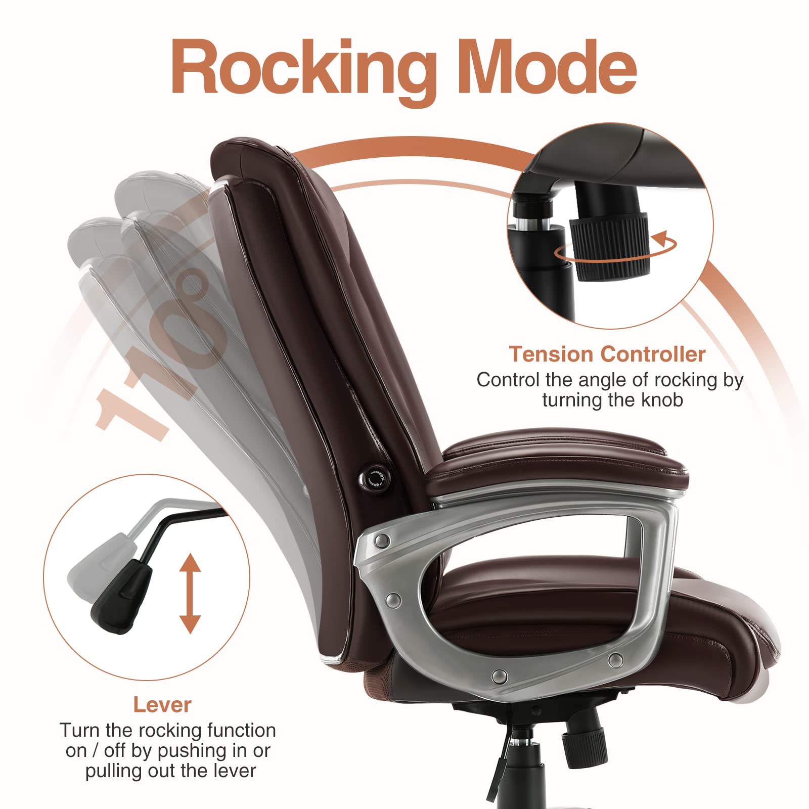 Ergonomic High Back Executive Swivel Chair - Adjustable Office Chair for Adults with Lumbar Support, Brown Leather - Perfect for Home Office, Conference Rooms & Corporate Workspaces