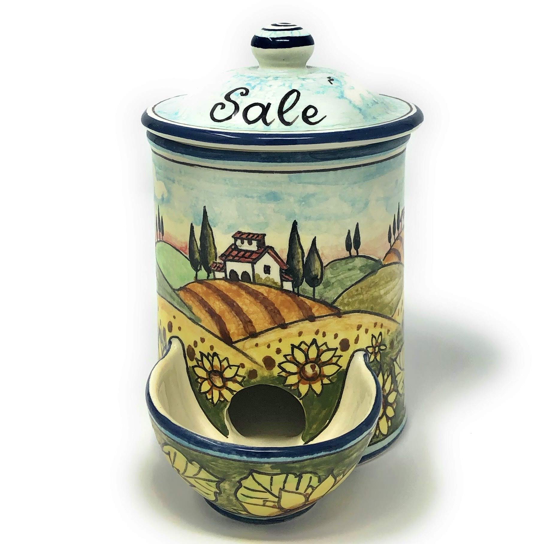Hand-Painted Italian Ceramic Sunflower Jar - Tuscan Art Pottery for Salt, Spices & Home Decor - Perfect for Kitchen, Dining Table & Countryside Themed Decor