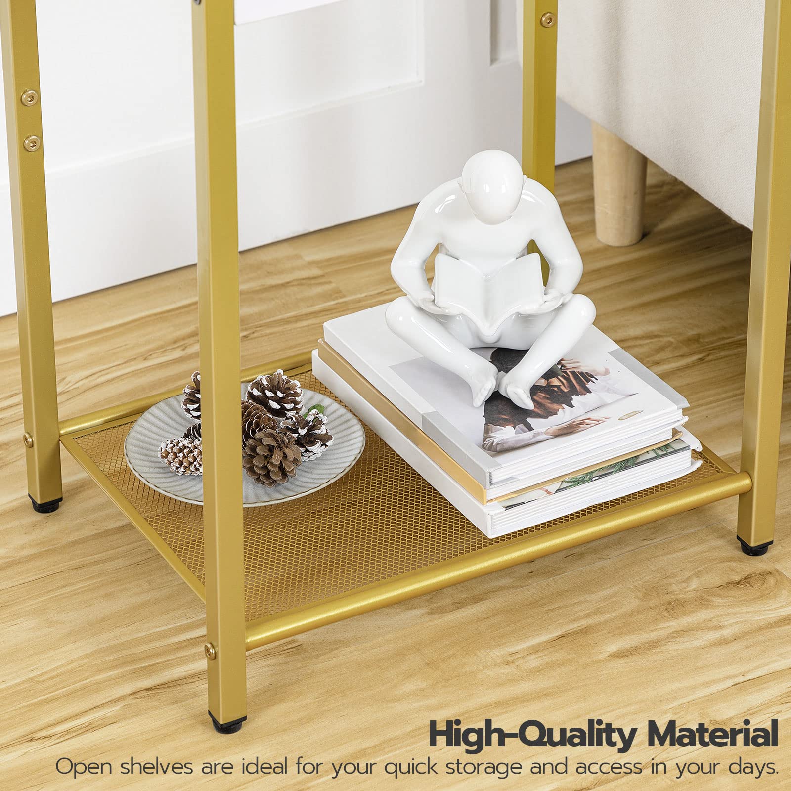 HOOBRO 2-Piece 3-Tier Slim Nightstand Set with Storage Shelves - Modern End Tables & Bedside Tables with Tempered Glass - Gold Finish for Living Room & Bedroom - Perfect for Small Spaces & Apartment Decor GD77BZP201