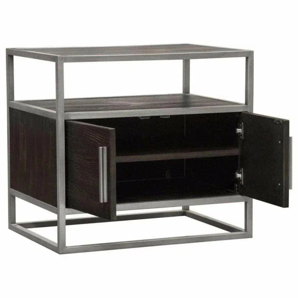 Dark Brown 2-Door End Table with Silver Metal Frame - Perfect for Living Room, Bedroom, or Office Side Table