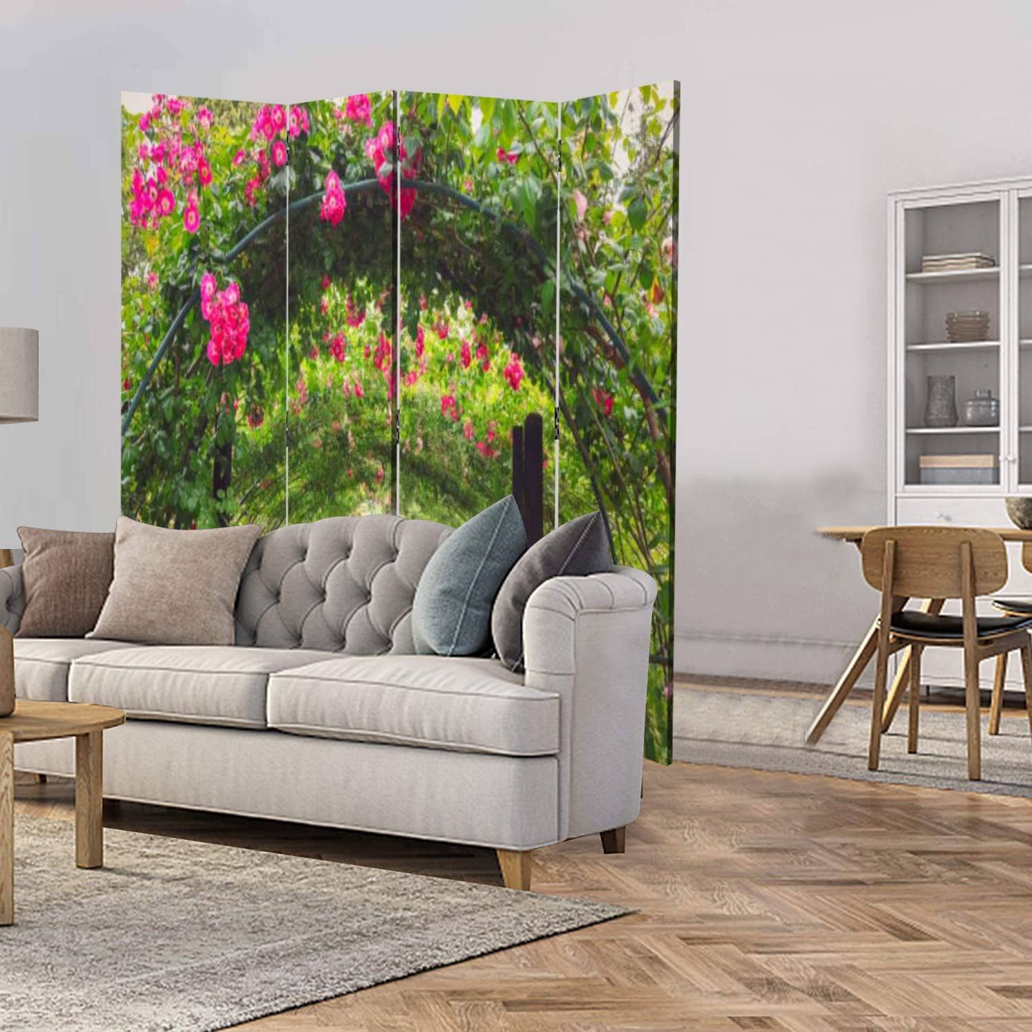 4 Panel Canvas Room Divider Screen with Pink Rose Arbor Design - Folding Privacy Partition for Bedroom, Office & Living Space | Temporary Wall Divider for Home Decor & Space Separation