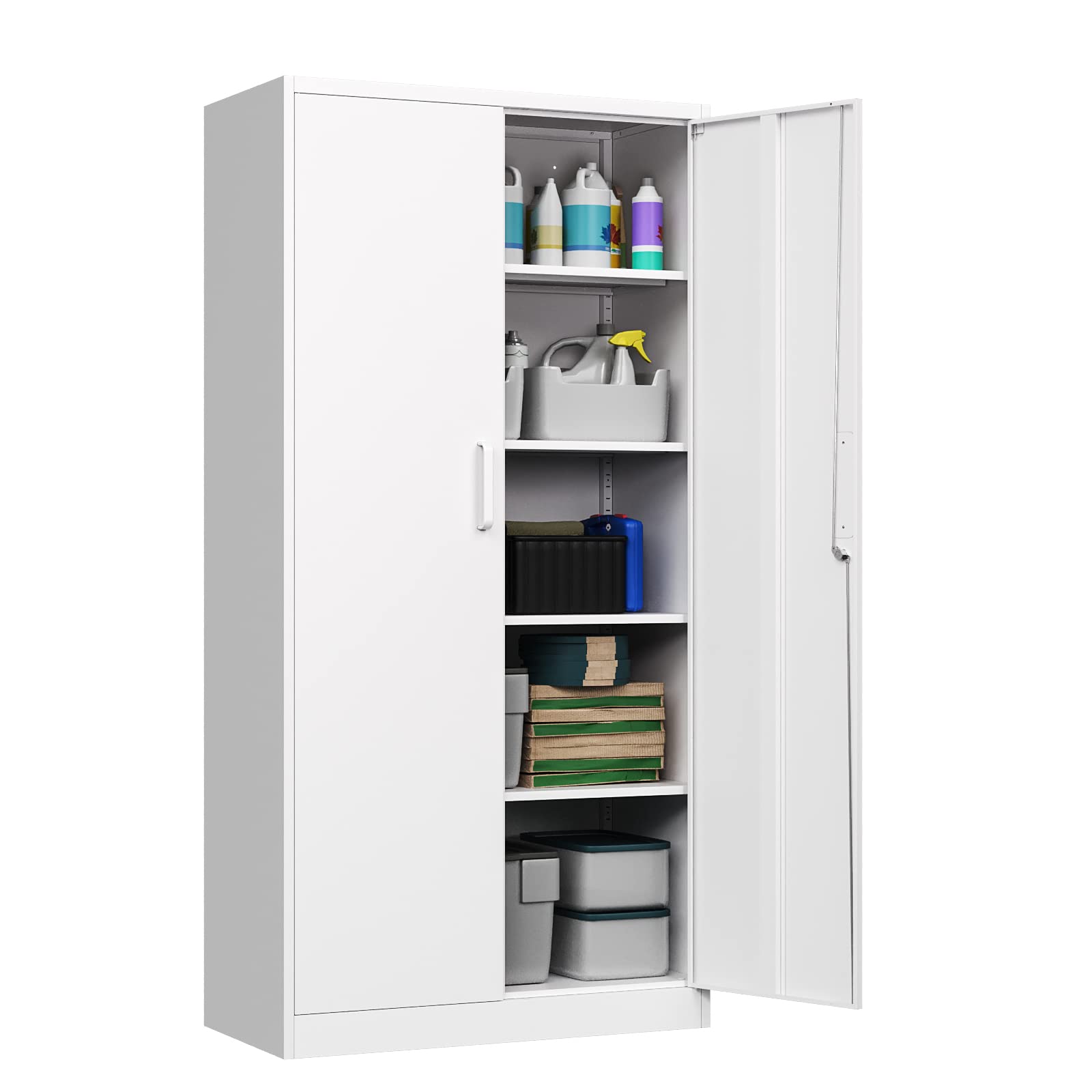 71-inch Tall Metal Garage Storage Cabinet with Adjustable Shelves & Locking Doors - Heavy Duty Tool Cabinet for Garage, Office, Home, School & Gym Organization (White) - Perfect for Storing Tools, Equipment & Supplies Safely
