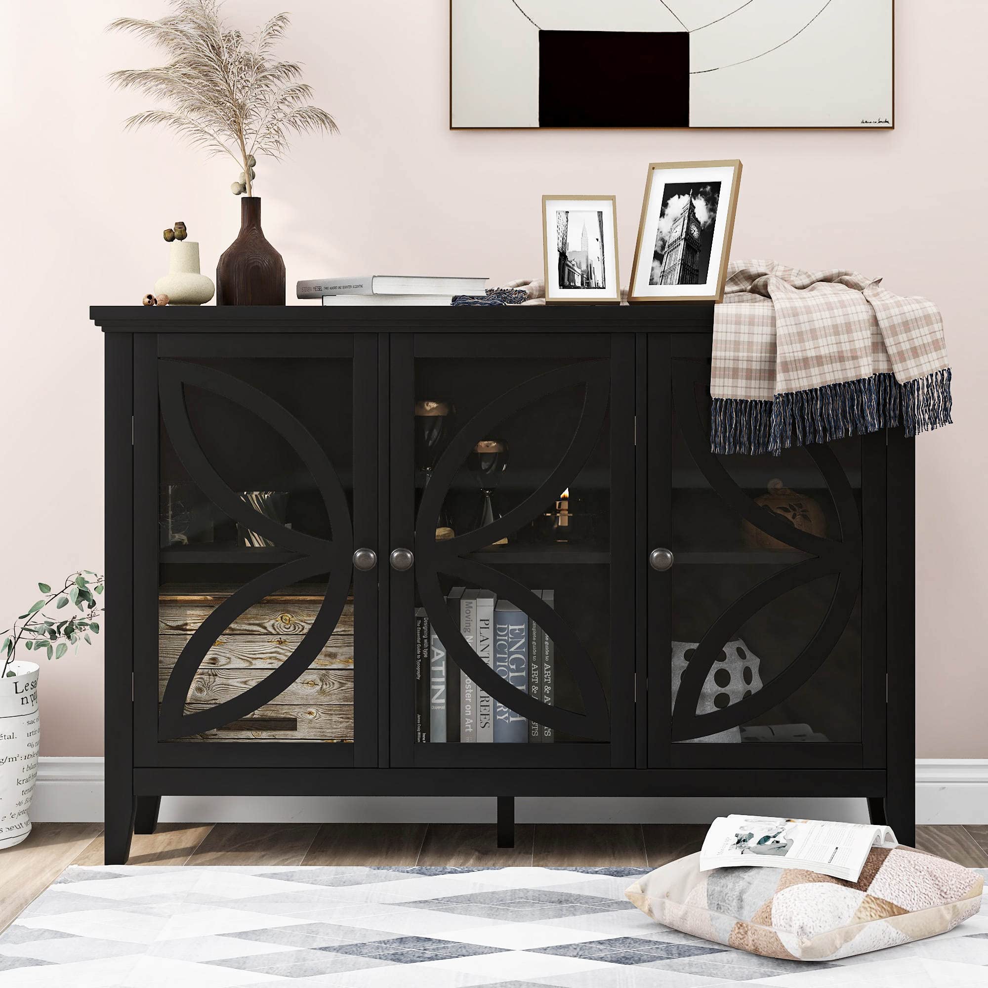 Wooden Accent Storage Cabinet with Glass Doors & Adjustable Shelves - Sideboard Buffet Cabinet for Entryway, Living Room, Bedroom - Perfect for Home Organization & Display (Black)