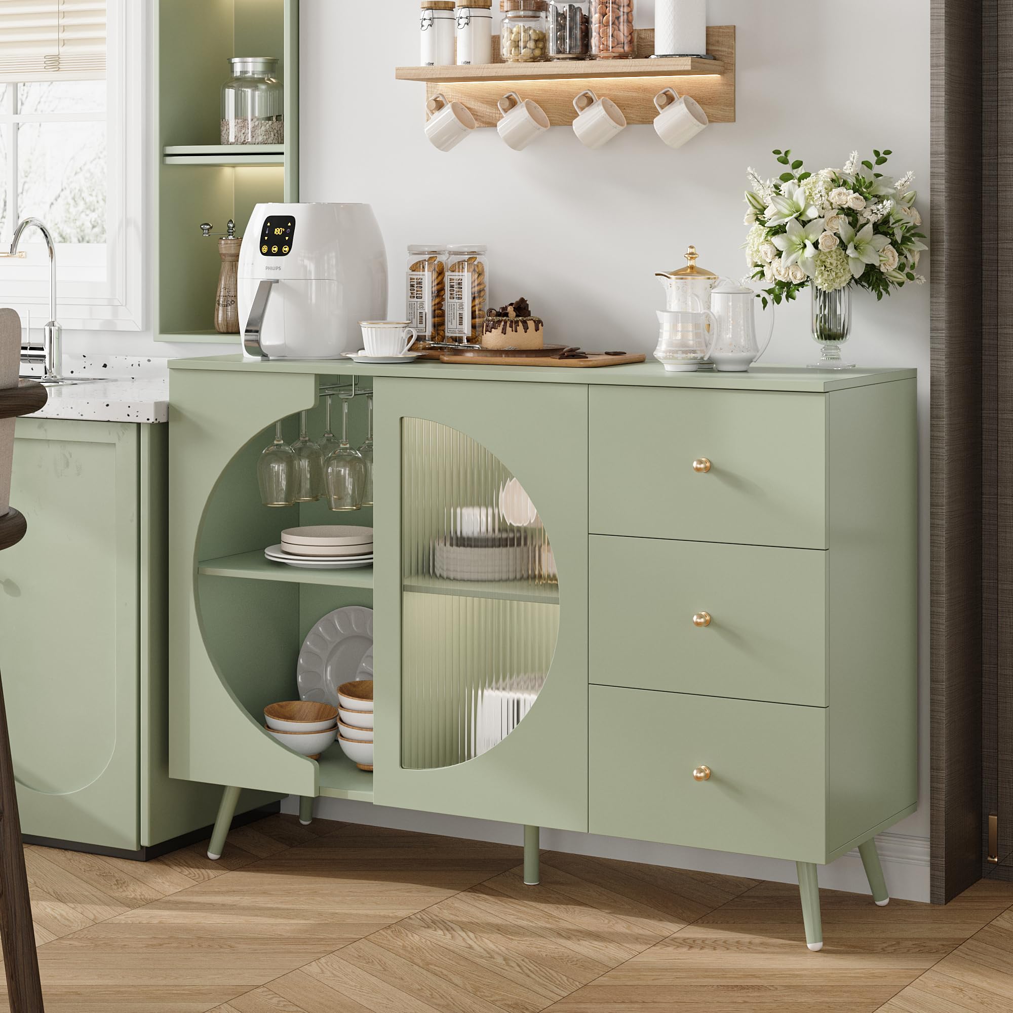 Modern Cream Coffee Bar Cabinet with Fluted Glass Door & Wine Glass Rack - Buffet Sideboard with Storage Drawers for Living Room, Kitchen or Dining Room - Elegant Green Home Furniture for Entertaining & Display