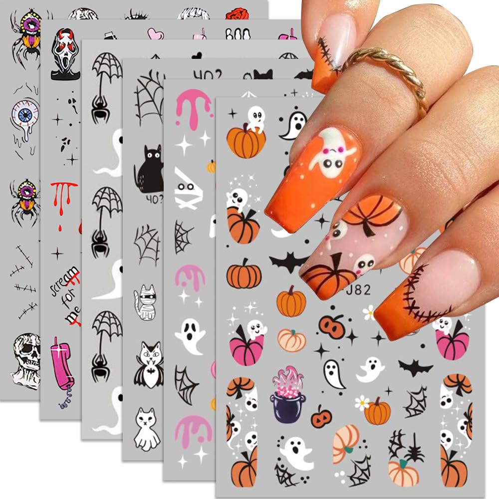 3D Halloween Nail Stickers - Self-Adhesive Pink Ghost, Skull, Pumpkin & Spider Web Designs - DIY Nail Art Decals for Women & Kids - 6 Sheets - Perfect for Halloween Parties, Costume Nails & Spooky Nail Art