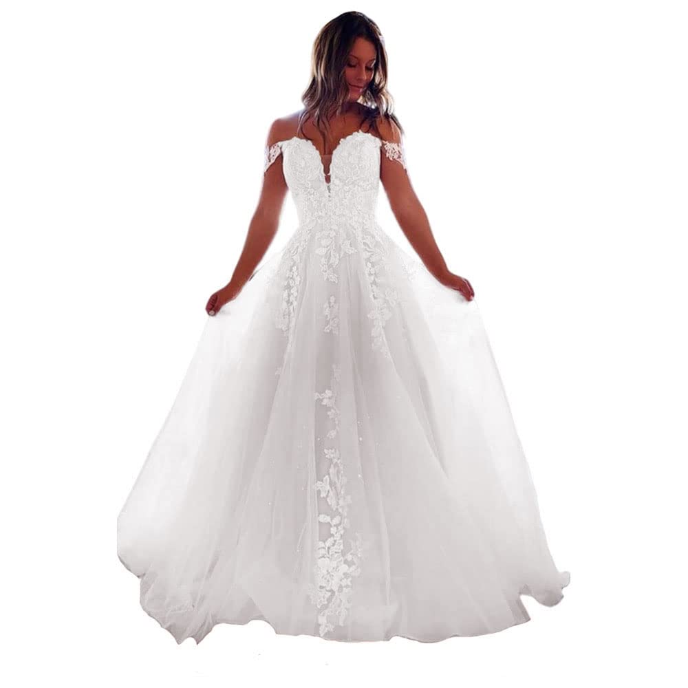 XYAYE Off Shoulder Lace Tulle Wedding Dress for Bride - Beaded Puffy Bridal Gown with Long Train | Perfect for Beach, Church, and Formal Wedding Ceremonies
