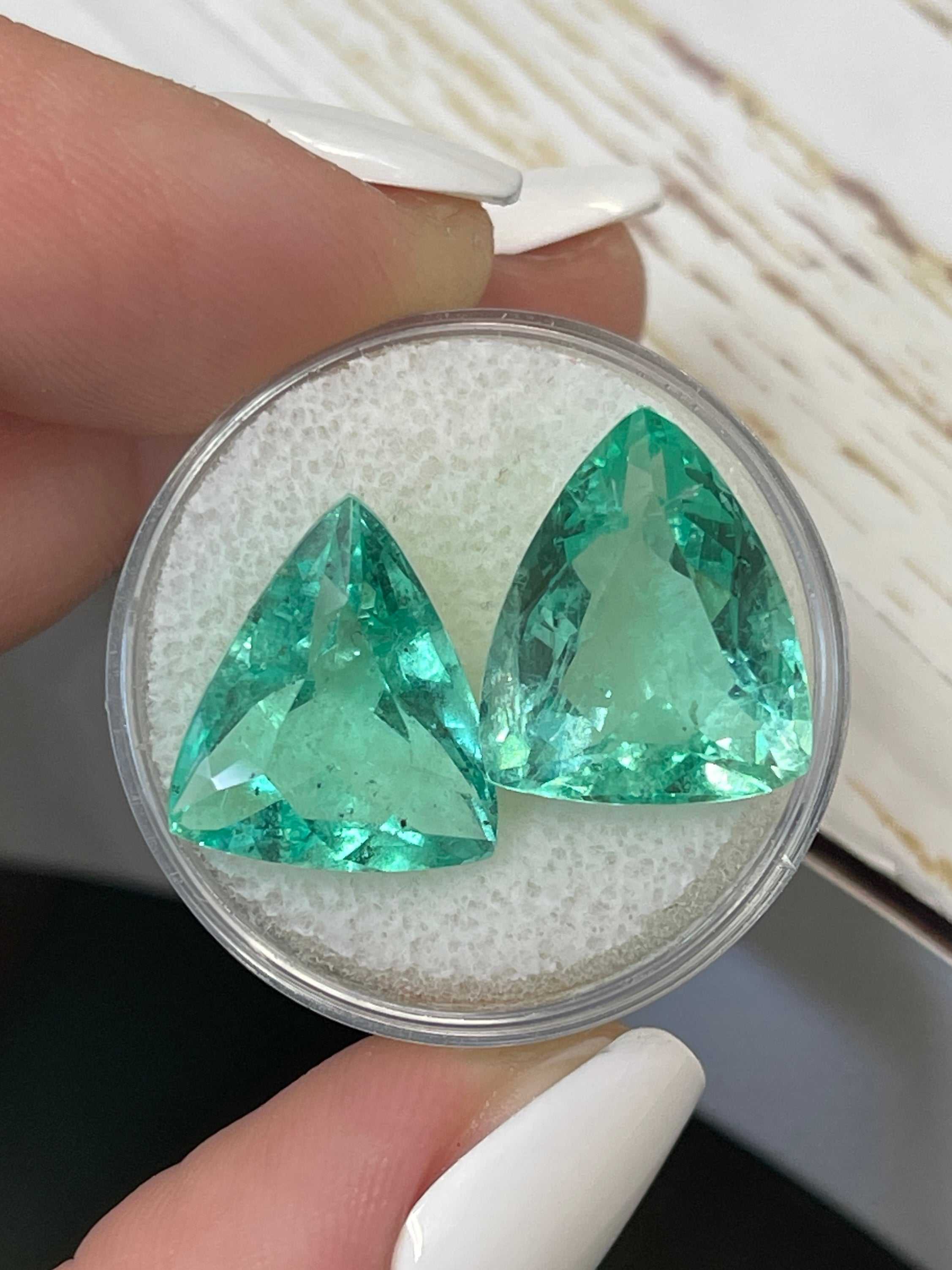 15.76tcw Natural Colombian Emerald Loose Gemstones - Matching Pair 15x13mm Green Trillion Cut for Jewelry Making, Engagement Rings & Custom Designs