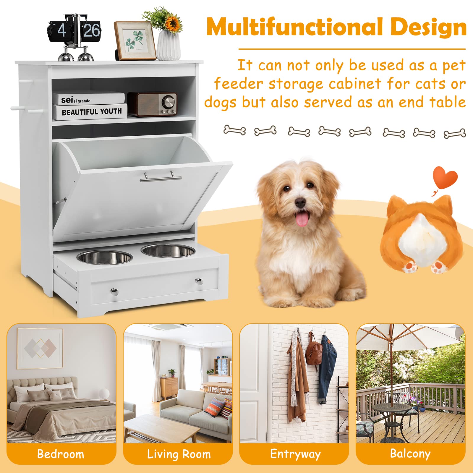 PETSITE Large Pet Feeder Station - Dog Food Storage Cabinet with Stainless Steel Double Pull-Out Raised Bowls for Dog Feeding & Watering Supplies, Pet Toy Organizer in White - Perfect for Kitchen, Laundry Room or Mudroom Pet Feeding Stations