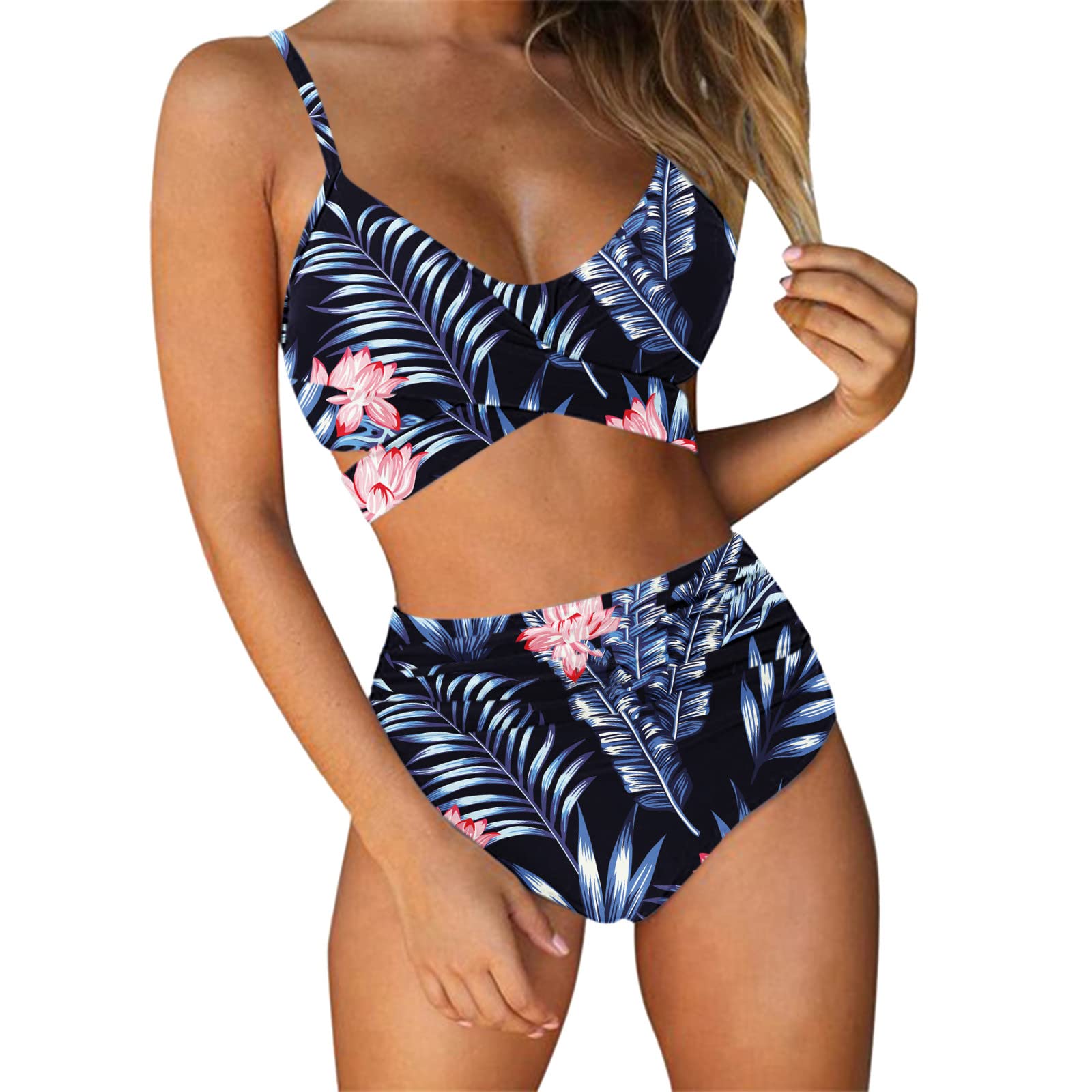 Women's Underwire Two Piece Swimsuit - High Waisted Bikini Set with Cross Back Design & Floral Print for Beach, Pool, and Summer Vacations