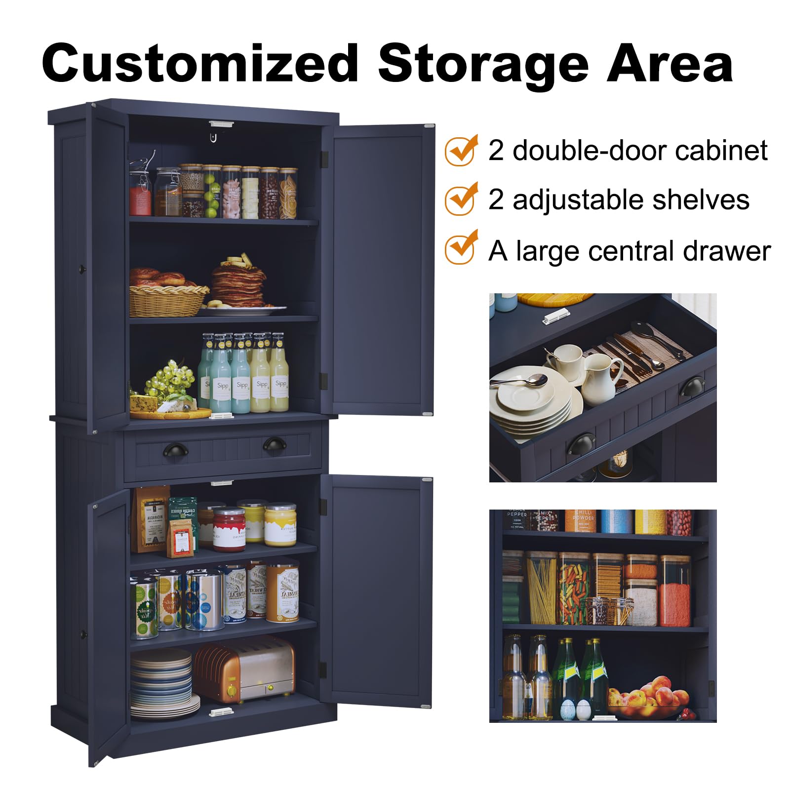 ARTPOWER 3-Tier Kitchen Pantry Storage Cabinet with Drawer & Adjustable Shelves - Organizer for Spices, Food, Toiletries - Perfect for Kitchen, Bathroom, Hallway or Laundry Room - Modern Blue Storage Solution