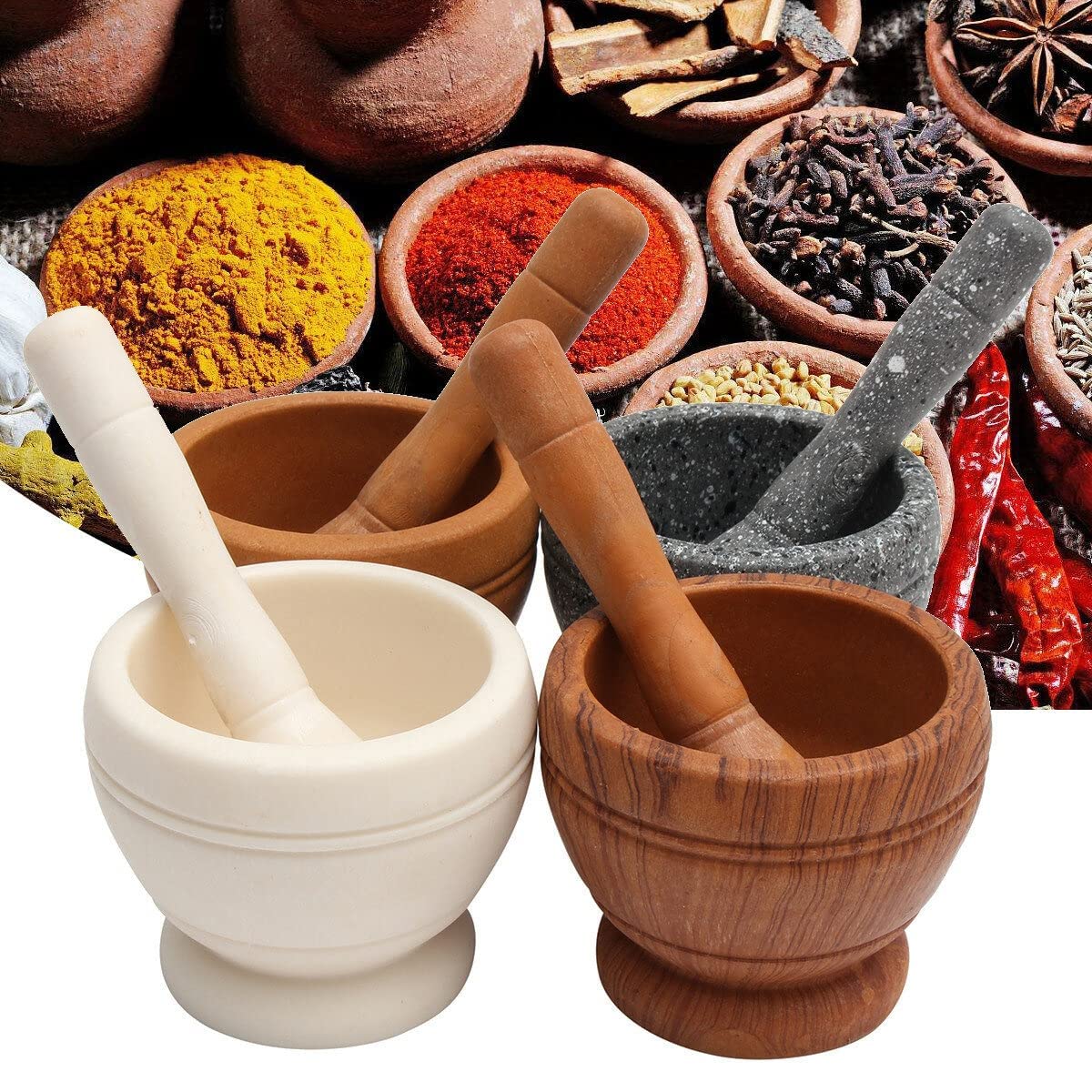 Premium Wood Grain Resin Pestle and Mortar Set - Garlic Herb Spice Grinder, Crusher & Mixing Bowl for Kitchen - Perfect for Crushing Garlic, Grinding Spices, Making Pesto & Guacamole