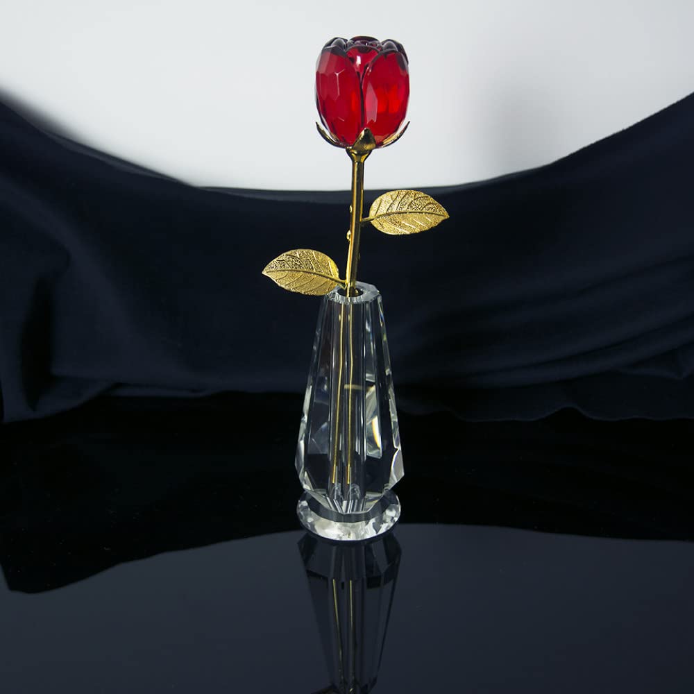 HUANSUN Red Crystal Glass Rose Flower Figurine - Elegant Wedding Favors, Valentine's Day Gifts & Home Decor Souvenirs (Fuchsia Red) - Perfect for Table Centerpieces, Anniversary Presents and Romantic Decorations