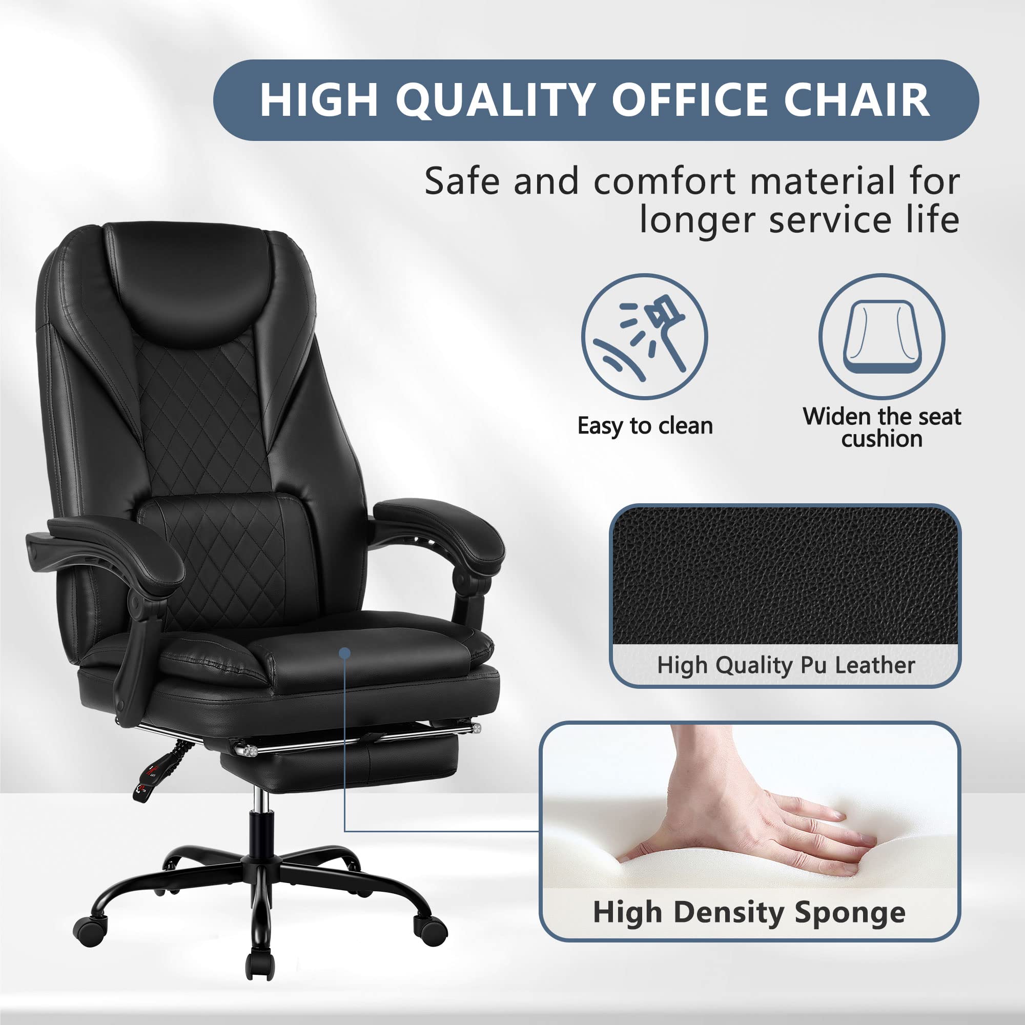 Premium Big and Tall Executive Office Chair with Adjustable Footrest & Reclining Function - High Back Ergonomic Leather Desk Chair for Home Office (Black) - Perfect for Long Work Hours, Video Conferences & Relaxation Breaks