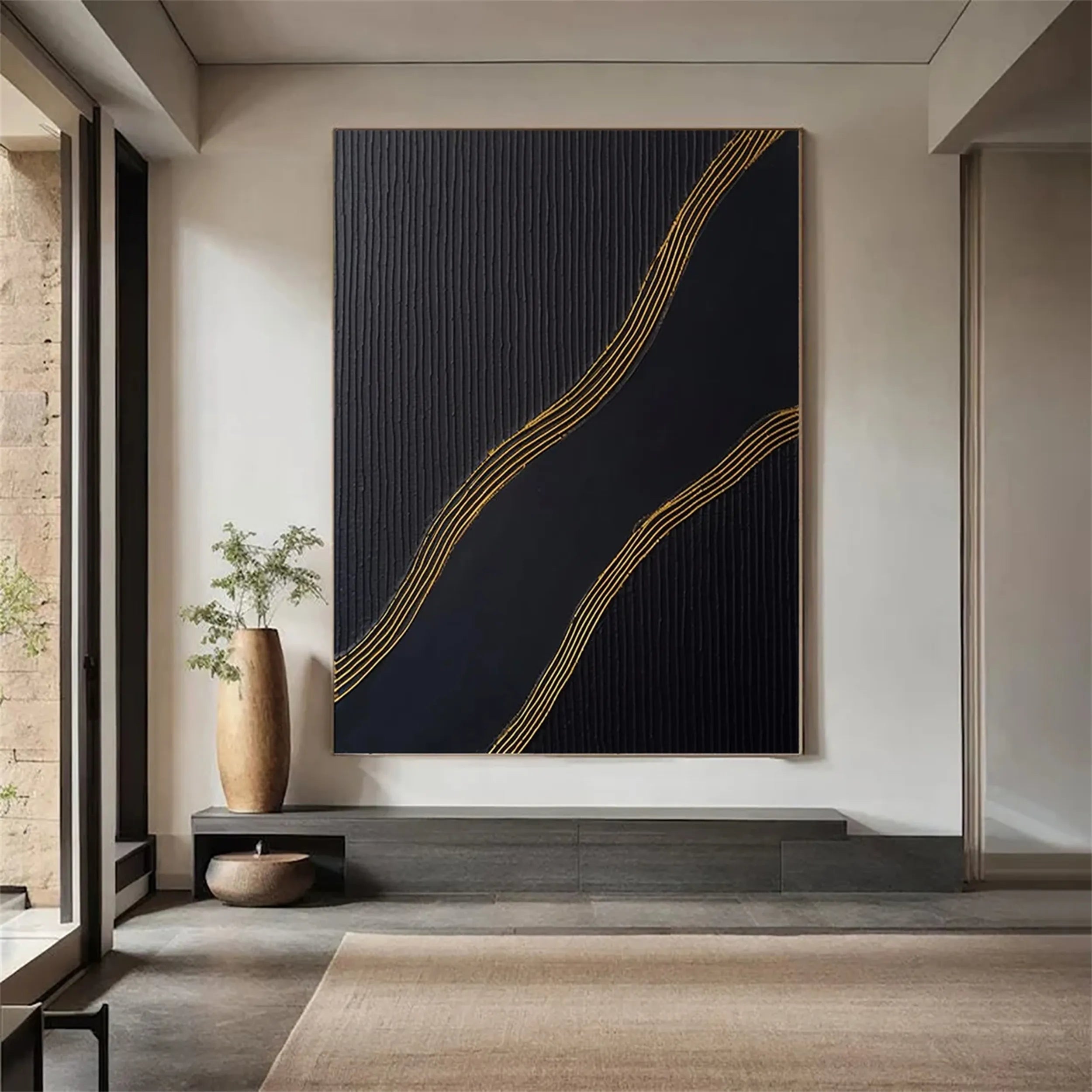 Black Gold Minimalist Textured Abstract Wall Art Painting #MZ084 - Modern Home & Office Decor for Living Room, Bedroom, or Workspace