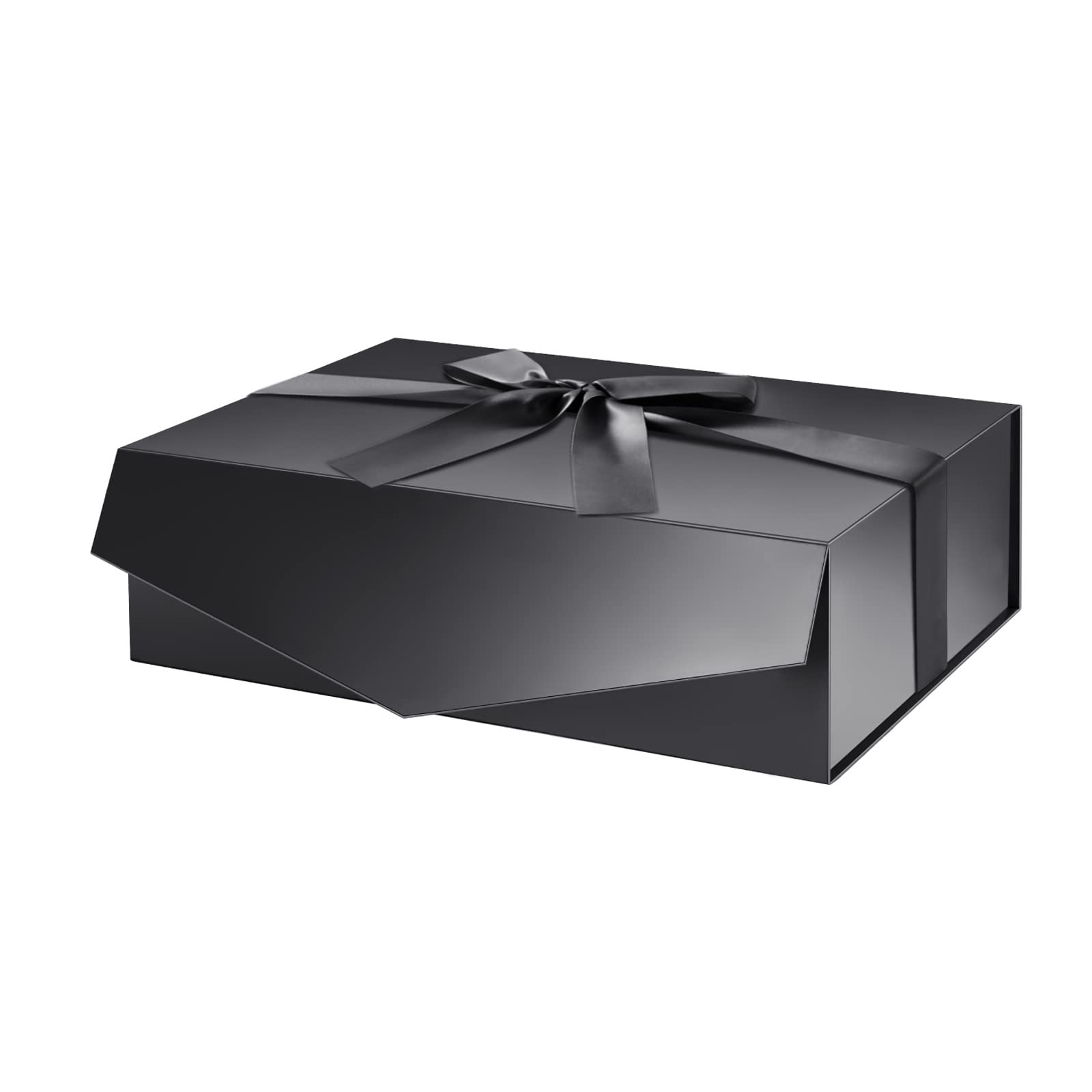 13.5x9x4.1 Inch Large Christmas Gift Box with Ribbon & Lid - Glossy Black Luxury Present Box for Groomsmen Proposals, Weddings, Birthdays & Holiday Gifting