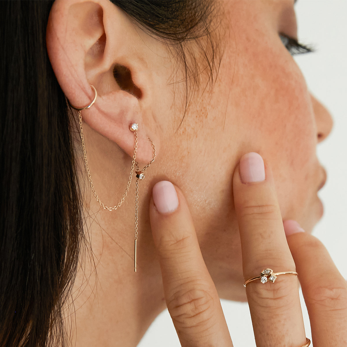 14K Gold Diamond Bezel Loop Threader Earrings for Women - Dainty Minimalist Hoop Earrings for Everyday Wear & Special Occasions