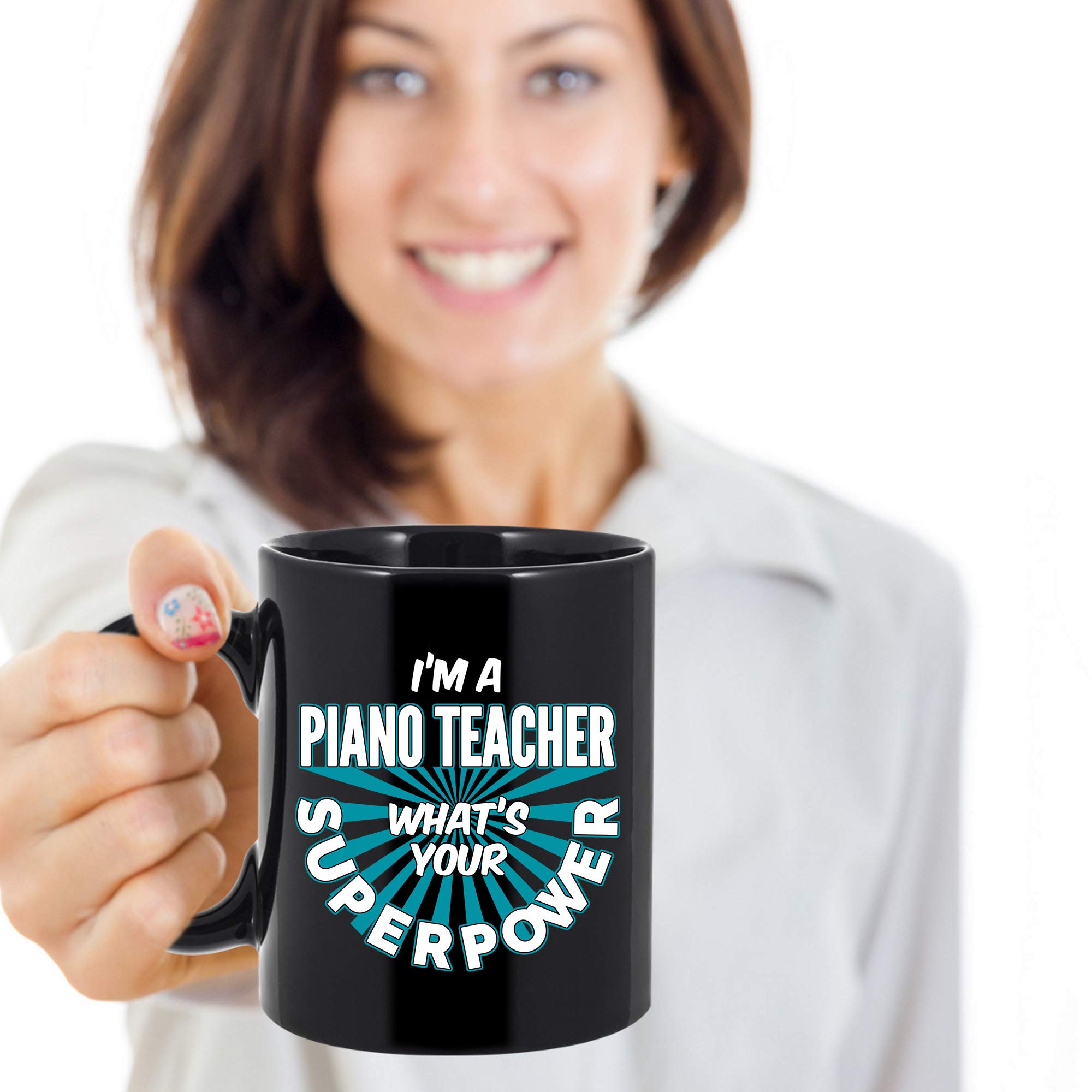 Funny Piano Teacher Coffee Mug - 'I'm A Piano Teacher What's Your Superpower' 11oz Black Ceramic Cup - Perfect Gift for Music Teachers, Musicians & Piano Lovers - Great for Home, Office or Studio Use