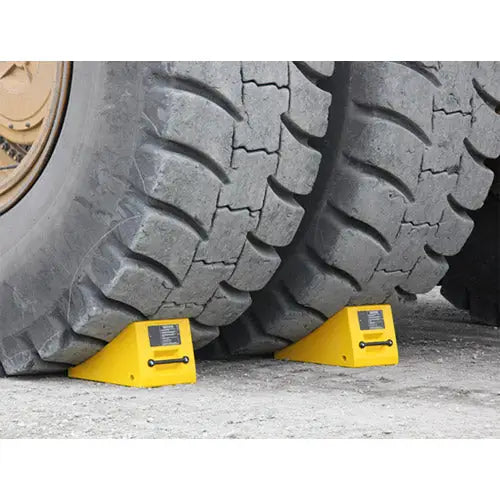 AME Yellow Polyurethane Wheel Chock with Handle for Trucks & Trailers (47-165 lbs Capacity) - Heavy Duty Vehicle Stabilization for Parking, Loading & RV Safety
