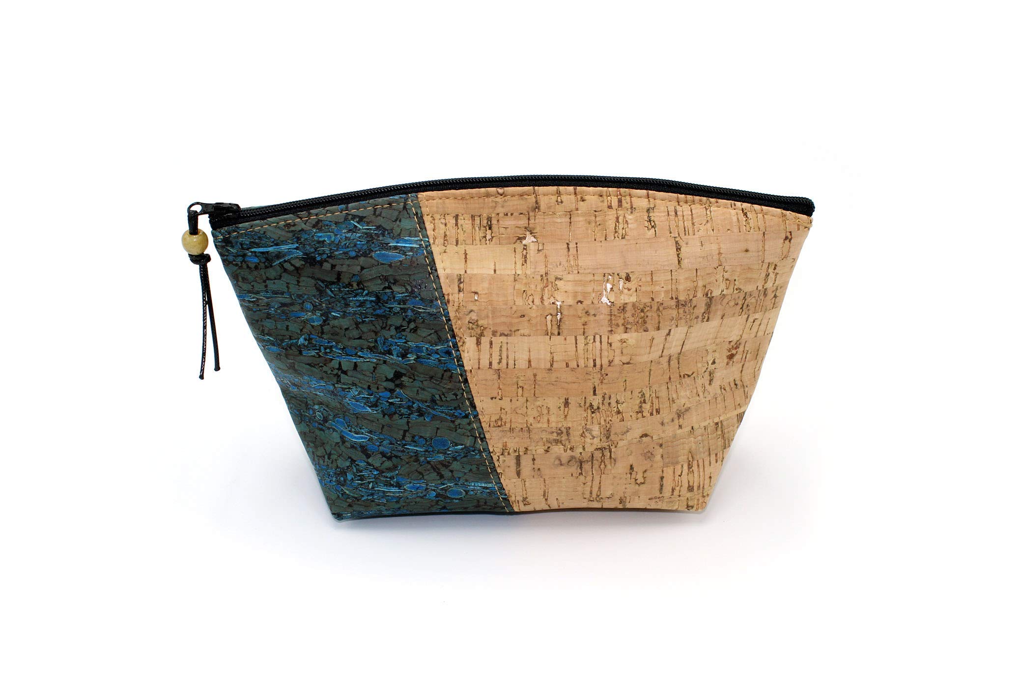 Eco-Friendly Small Standing Pouch - Natural & Blue Fennel Cork Cosmetic Bag by Spicer Bags | Perfect for Travel, Makeup Storage & Gift Packaging