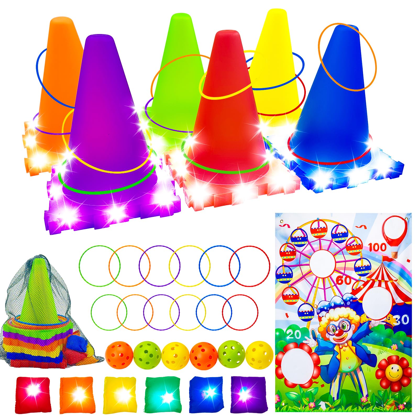 33PCS 5-in-1 LED Carnival Outdoor Games Set for Kids Ages 4-12 - Bean Bag Toss, Ring Toss & LED Cones - Fun Family Backyard Games for Birthday Parties, Picnics & Summer Outdoor Activities