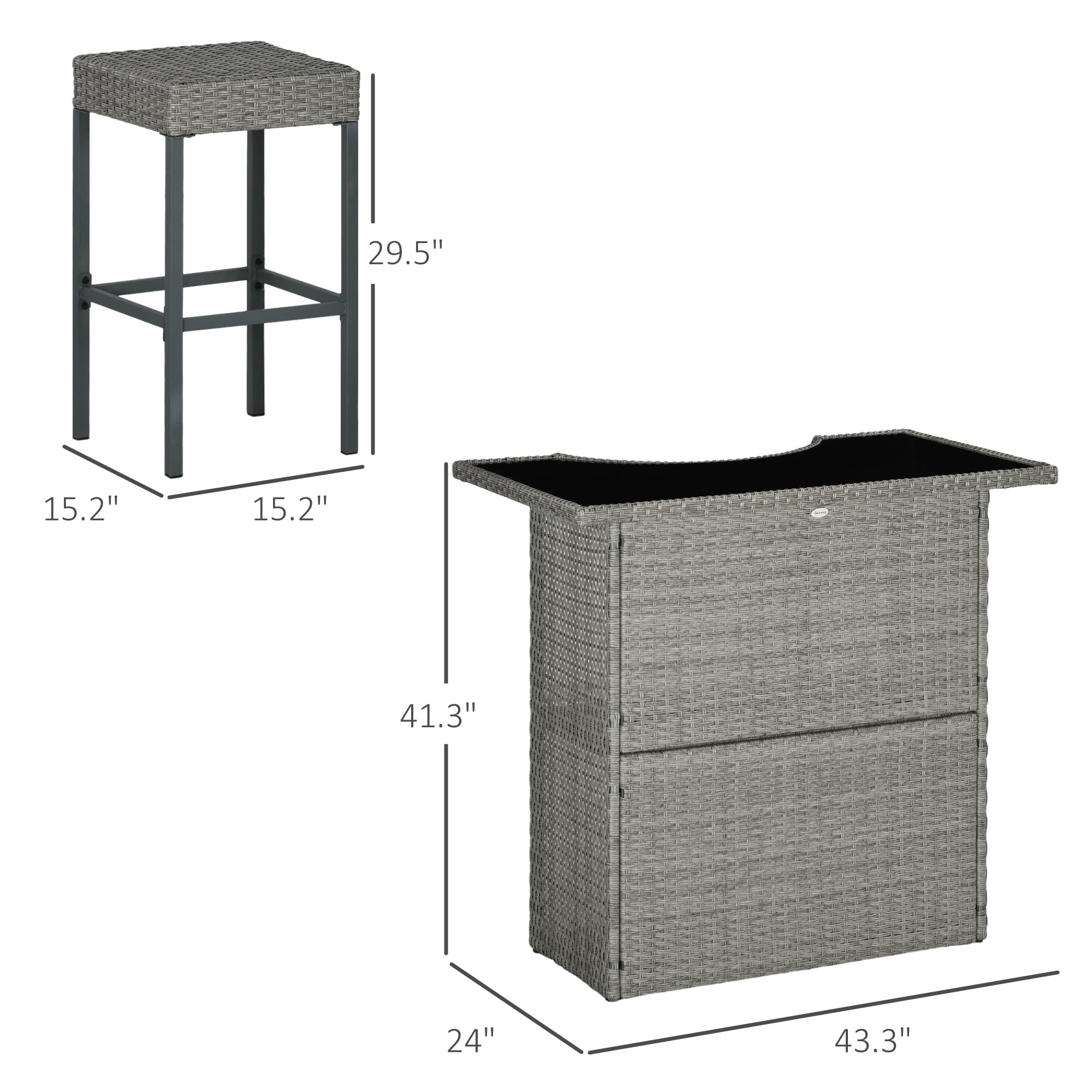 Outsunny 5-Piece Rattan Wicker Bar Set - High Top Outdoor Table & 4 Chairs with Glass Table Top & 2-Tier Storage Shelf - Patio Dining Set for Garden, Poolside, Backyard, Restaurant, Cafe (Gray)