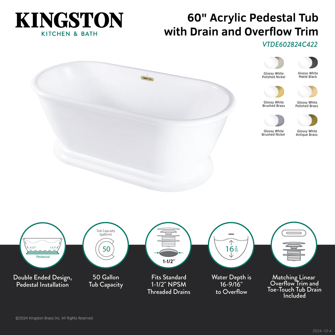 Aqua Eden 60 Inch Acrylic Oval Double Ended Freestanding Bathtub - Glossy White/Matte Black Pedestal Tub with Drain (No Faucet Holes) | Luxury Soaking Tub for Spa Bathroom, Master Suite & Relaxation Retreat