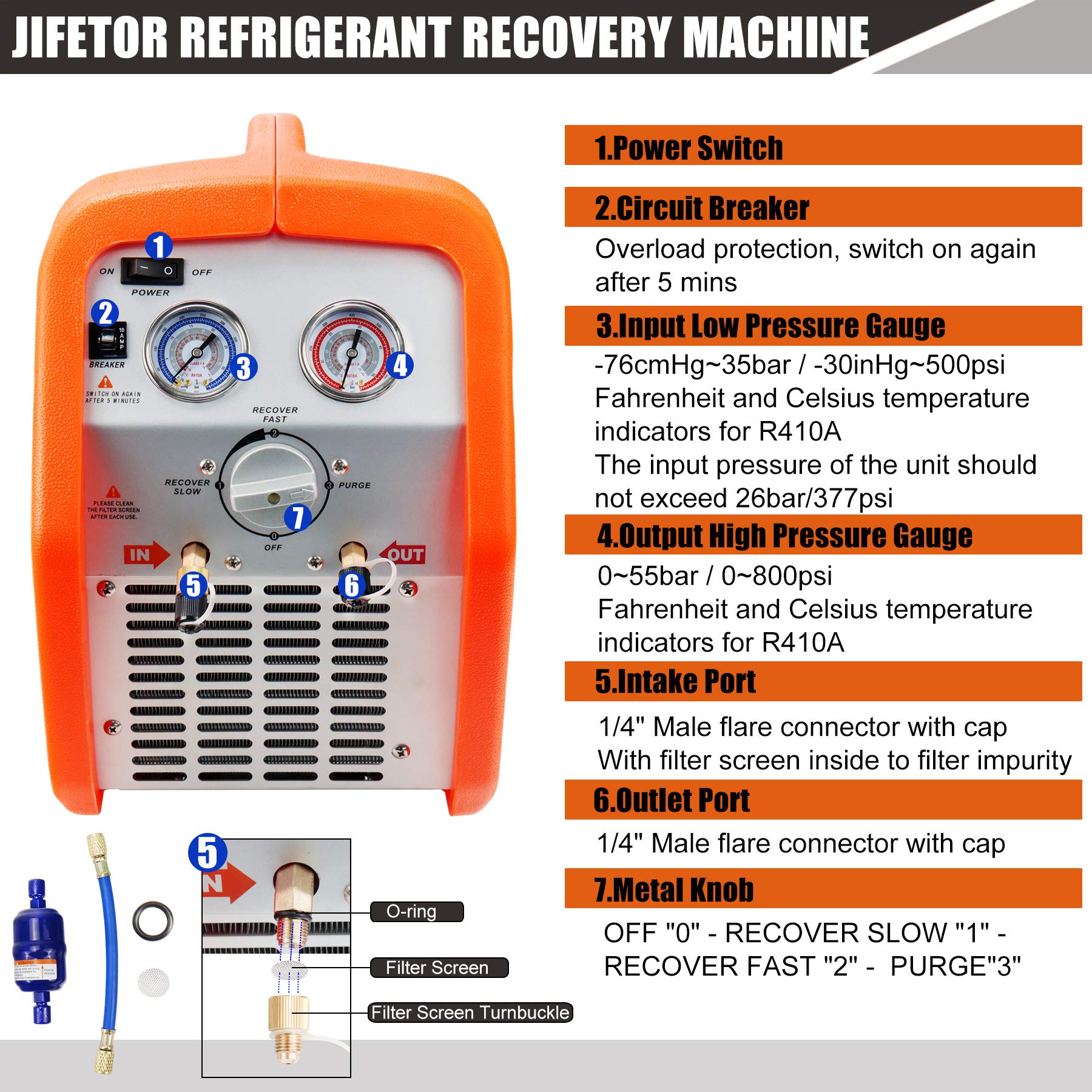 JIFETOR Portable AC Refrigerant Recovery Machine - 3/4HP Oil-Free Compressor for Recycling Liquid & Vapor Refrigerant | Automotive AC & HVAC System Maintenance Tool | Ideal for Car Repair Shops & Home HVAC Service
