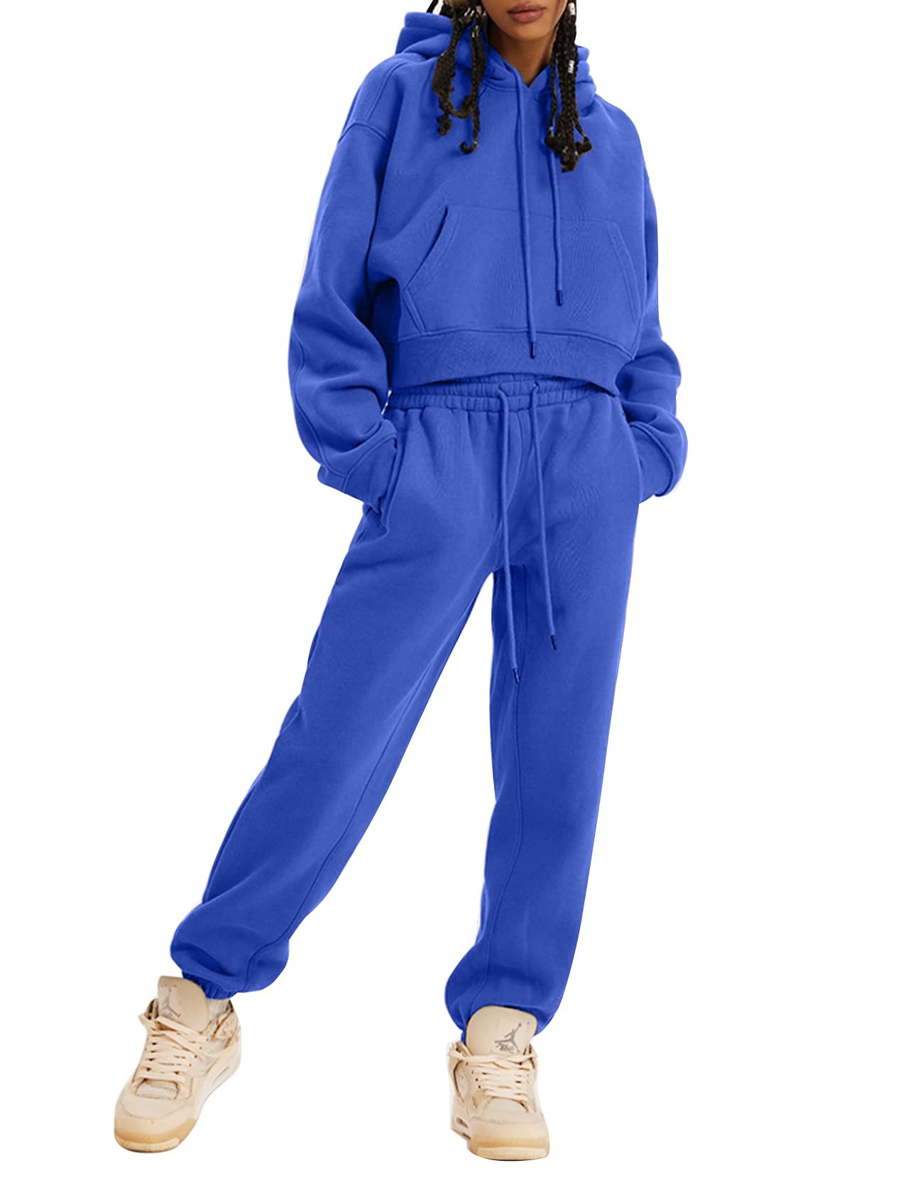 COZYPOIN Women's Fleece 2-Piece Sweatsuit Set - Soft Crop Top & Jogger Pants with Hoodie | Cozy Lounge Wear for Home, Gym & Outdoor Activities