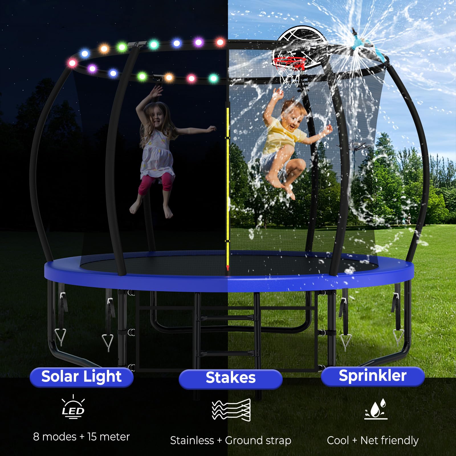 10FT-16FT Large Outdoor Trampoline with Basketball Hoop & LED Lights - Heavy Duty Jumping Mat for Kids & Adults - Water Sprinkler & Anchor Stakes Included - Perfect for Backyard Fun, Exercise & Family Bonding