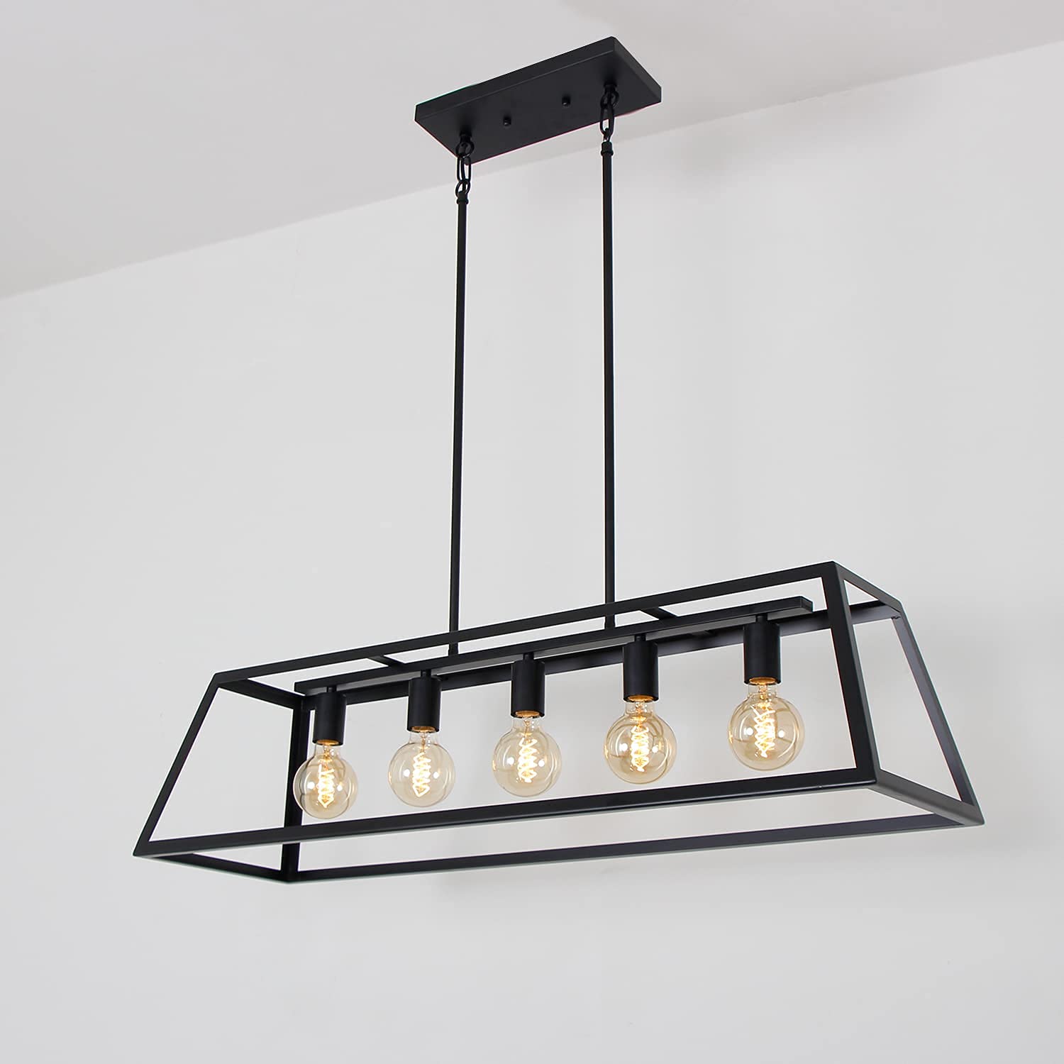 Modern Farmhouse Linear Pendant Light - 5-Light Black Industrial Rectangular Chandelier (38-Inch) for Kitchen Island, Dining Room, Living Room & Foyer - Perfect for Rustic Home Decor & Bar Lighting